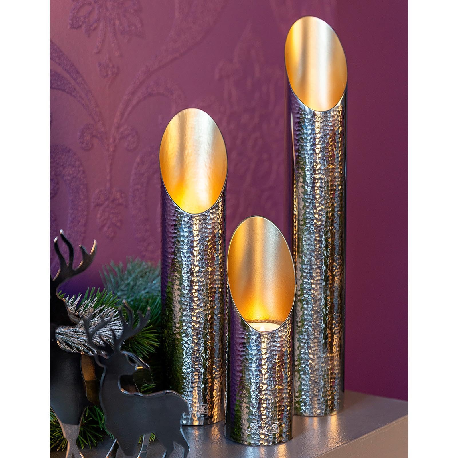 Fink gehämmerter Design-Teelichthalter 40 cm silberner Aluminium Kerzenhalter