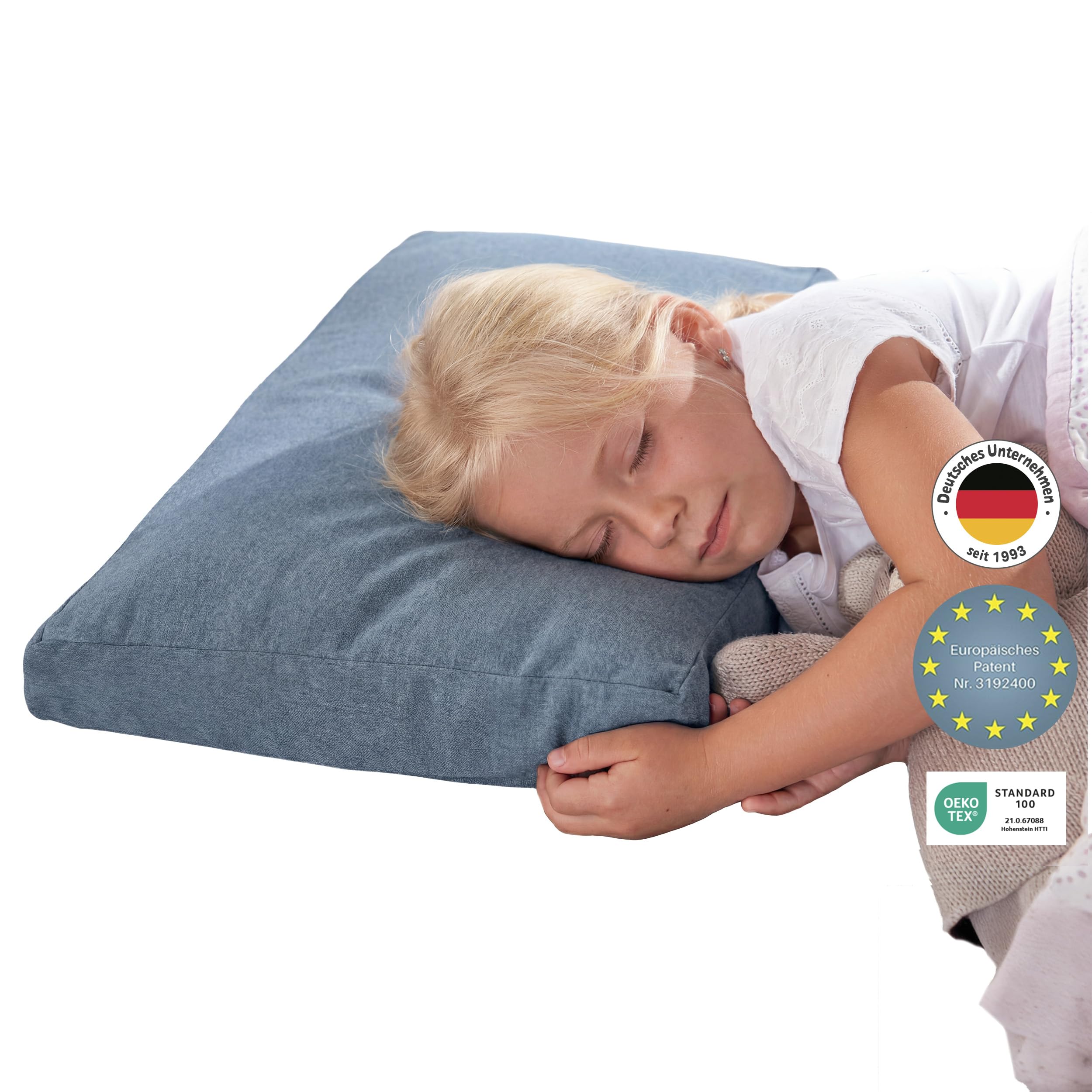Theraline Poduszka dla dzieci od 2 lat, ok. 30 x 50 cm, ergonomiczna poduszka do spania i poduszka podpierająca kark, pianka z pamięcią kształtu i perły, opatentowana, poduszka dla dzieci dla zdrowego