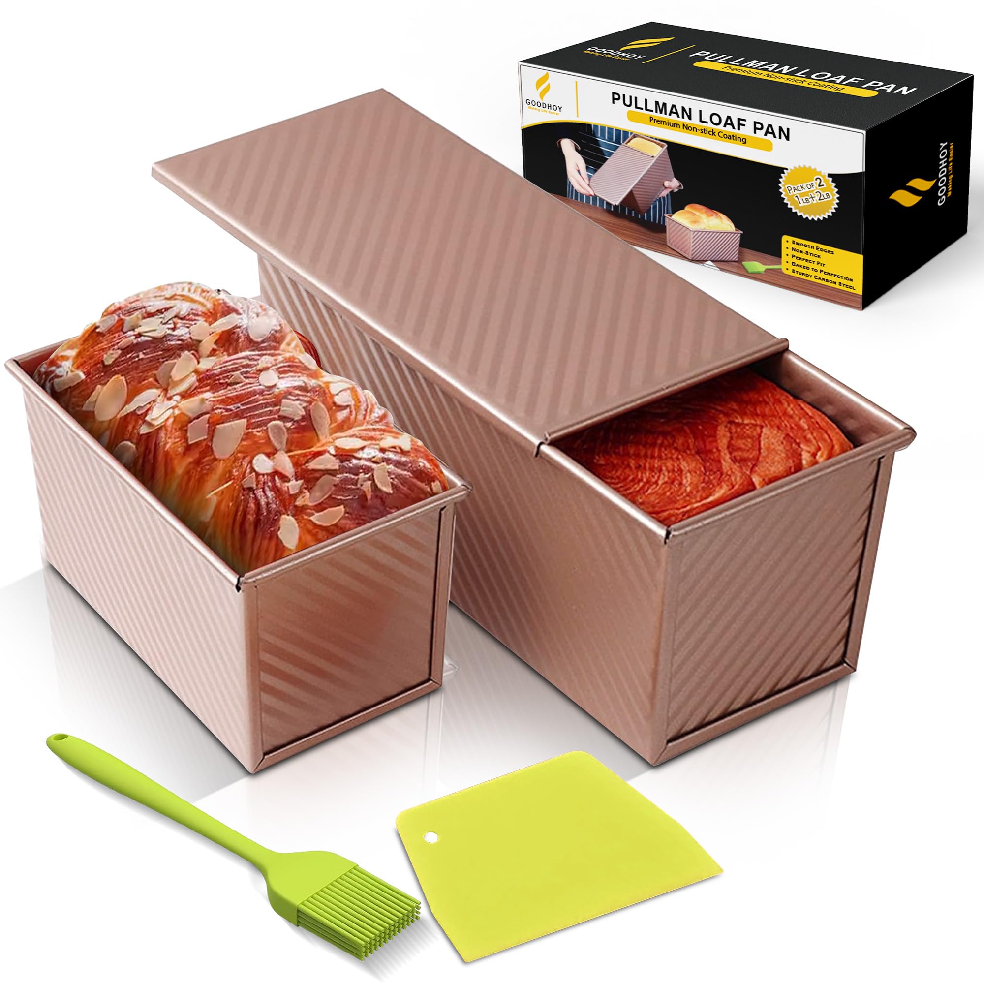 1lb+2lb set Nonstick Pullman Loaf Pan With Lid For Homemade Bread Carbon Steel Sandwich Bread Baking Mold With Sliding Lid Durable Toast Box For Square Loaf Shokupan Soft Milk Bread & Gift Box