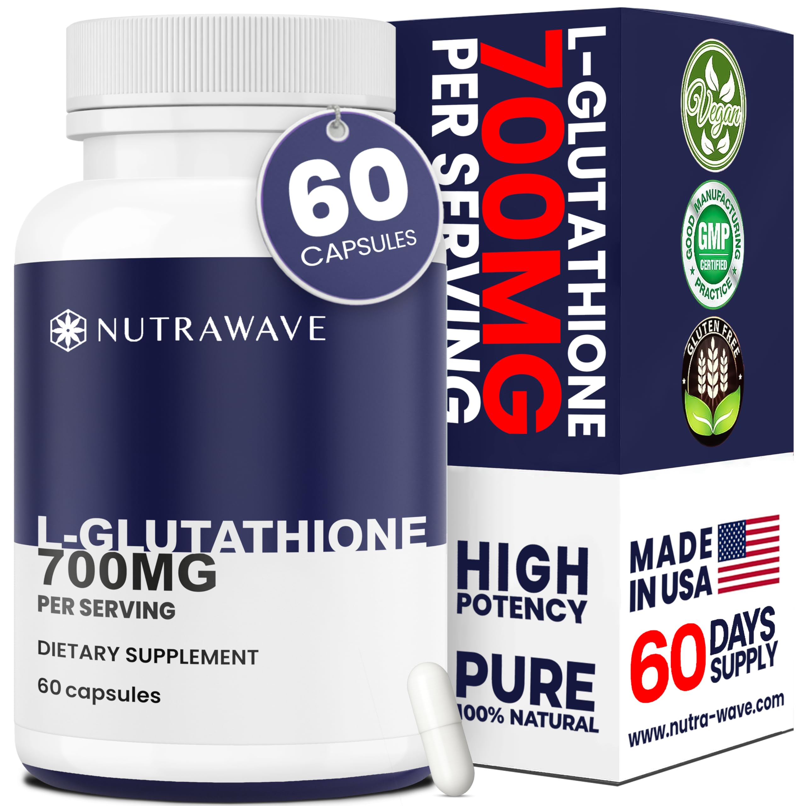Nutra Wave L-Glutathione Reduced 700mg – L-Glutathione Supplement Capsules for Women & Men – Non-GMO, Vegan – 60 Capsules : Health & Household