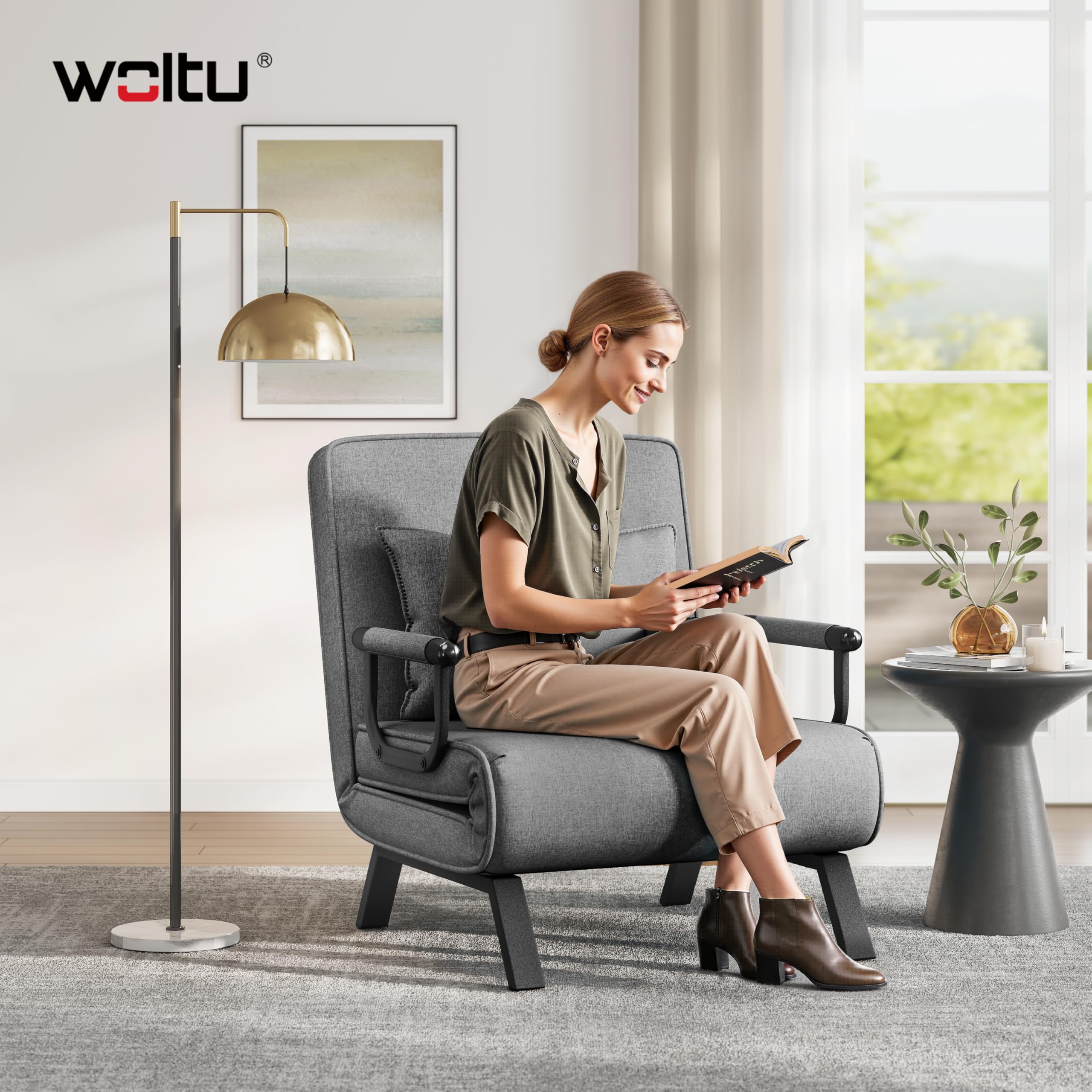 WOLTU Poltrona Relax Reclinabile Convertibile, Divano Letto Trasformabile 3 in 1, con Schienale Regolabile in 5 Posizioni, Cuscino Rimovibile, Seduta Imbottita, 80x74x82cm, Grigio Scuro