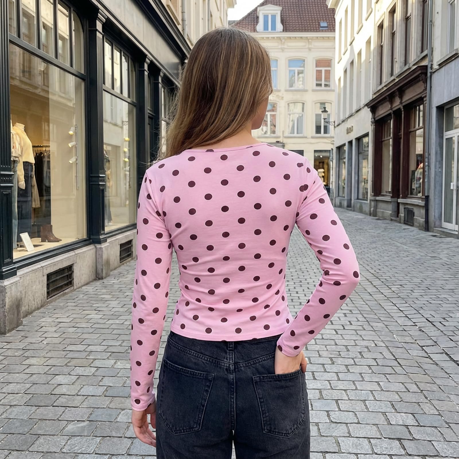 GXNRHG Camisetas de Manga Larga Suave con Lunares para Mujer, elásticas, Ajustadas, básicas, para Salir