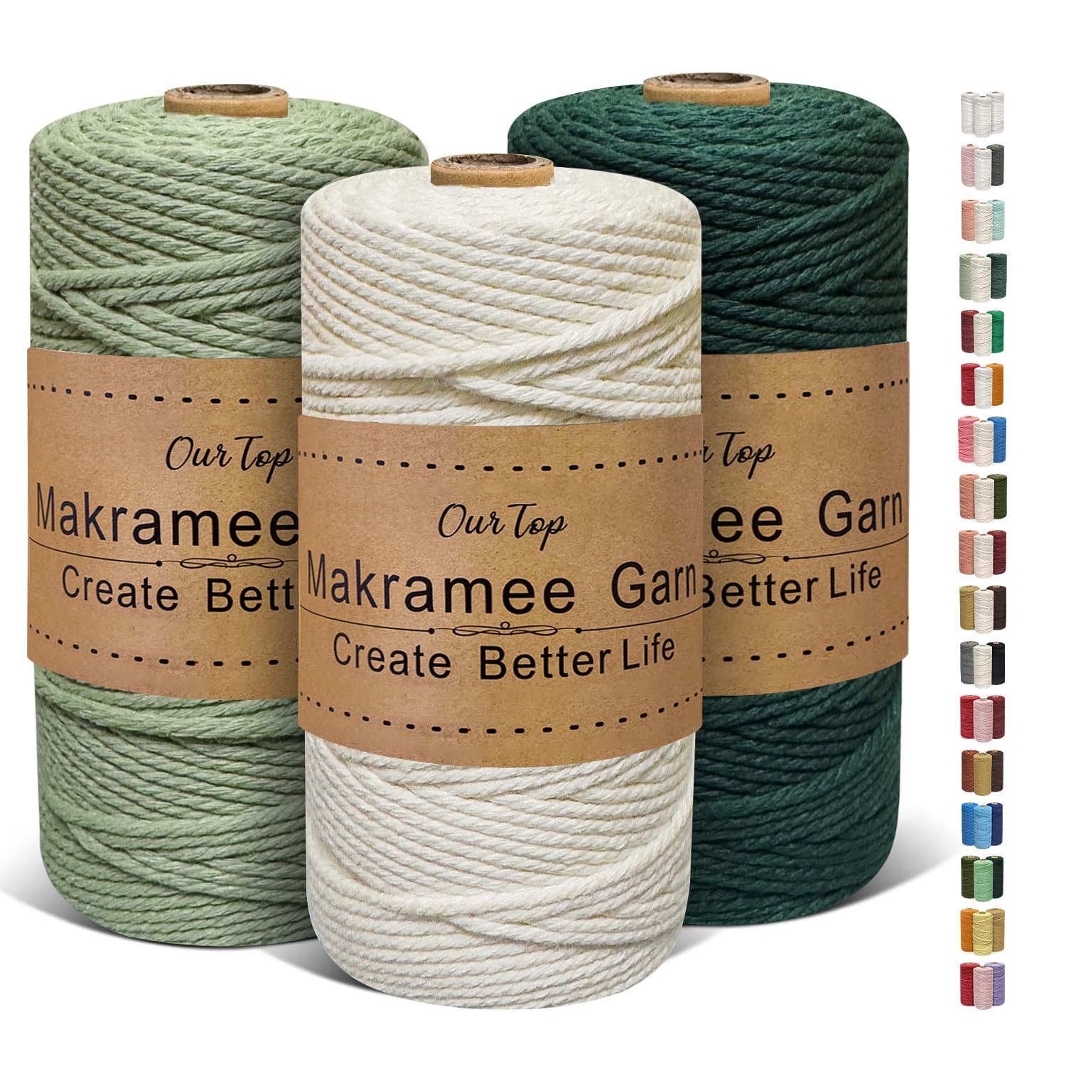 OurTop 3 Rolls Premium Macrame Cord, 3mm x 160m Braided Macrame Rope Twisted Cord Yarn Macrame Yarn Thick Rope for Wall Hangings, Plant Hangers, DIY Crafts(Beige, Light Green, Dark Green)