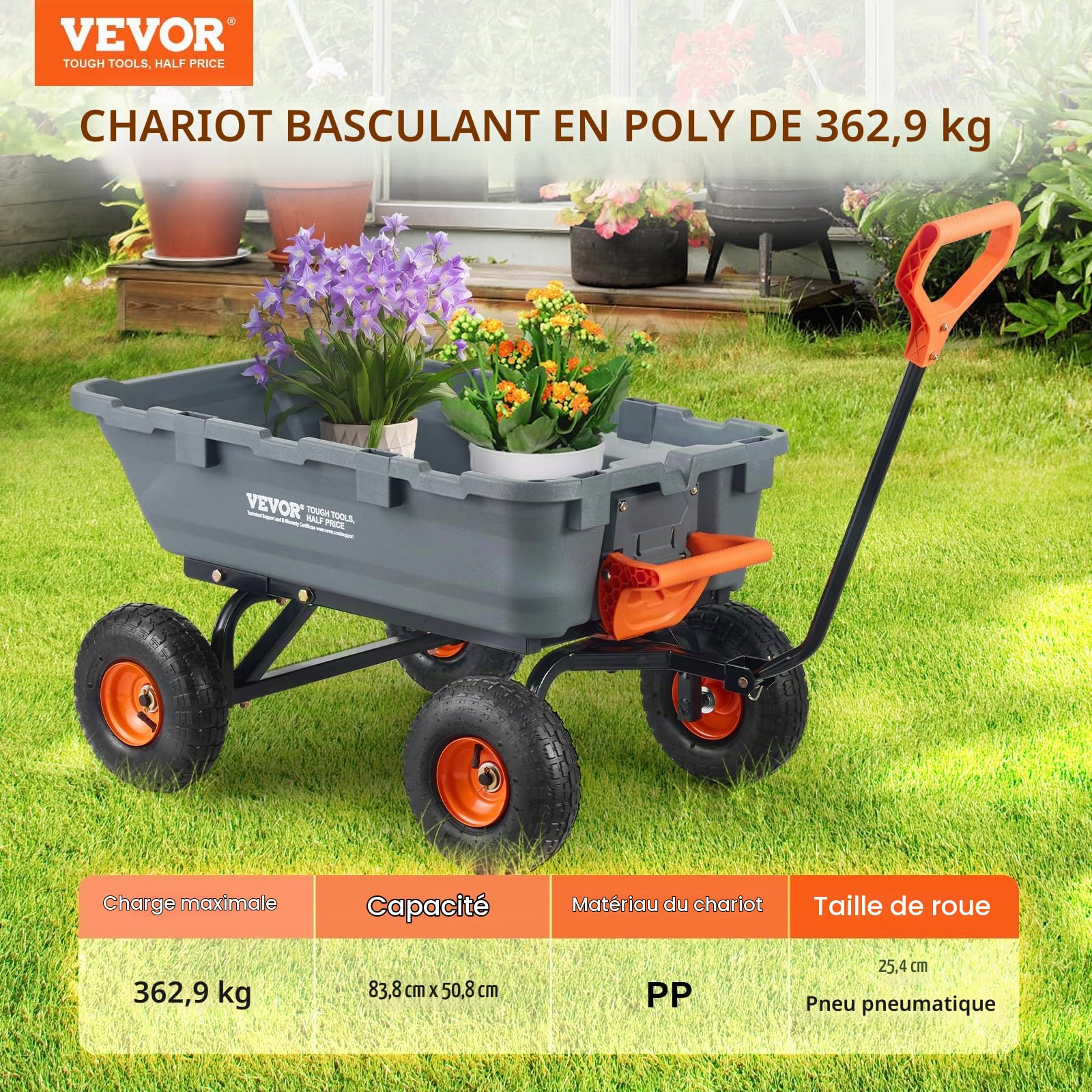 VEVOR Chariot à Benne basculante, capacité de Charge 363 kg​, Chariot de Jardin en polyéthylène Robuste avec Cadre en Acier, poignée Convertible 2 en 1, Roues 255 mm, brouette Utilitaire pour pelouse