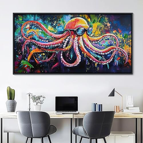 Miniatura 2 de JEAWA Arte de pared enmarcado grande  Divertido pulpo con gafas de sol con textura de grafiti de calle moderna, pintura de pared para sala de estar,