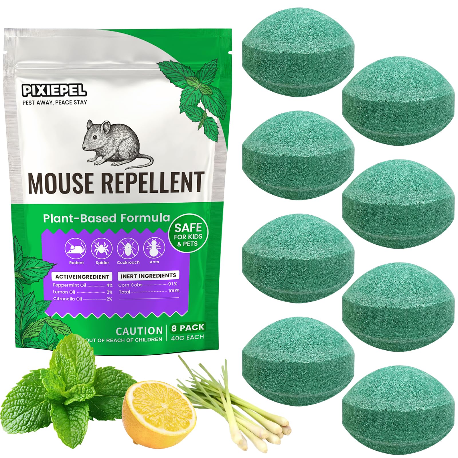 PIXIEPEL Mouse Repellent Balls, 40g Extra Strength Peppermint Oil Rodent Repellent for Indoor & Outdoor, 8Pack Long-Lasting Mice, Rats, Spiders, Roaches Repellent for Car, RV, Garage, Shed, Boats
