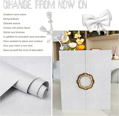 Miniatura 4 de Amiya Papel adhesivo de vinilo con purpurina plateada de 17.3 x 80 pulgadas, autoadhesivo, para pegar y despegar, papel tapiz decorativo brillante