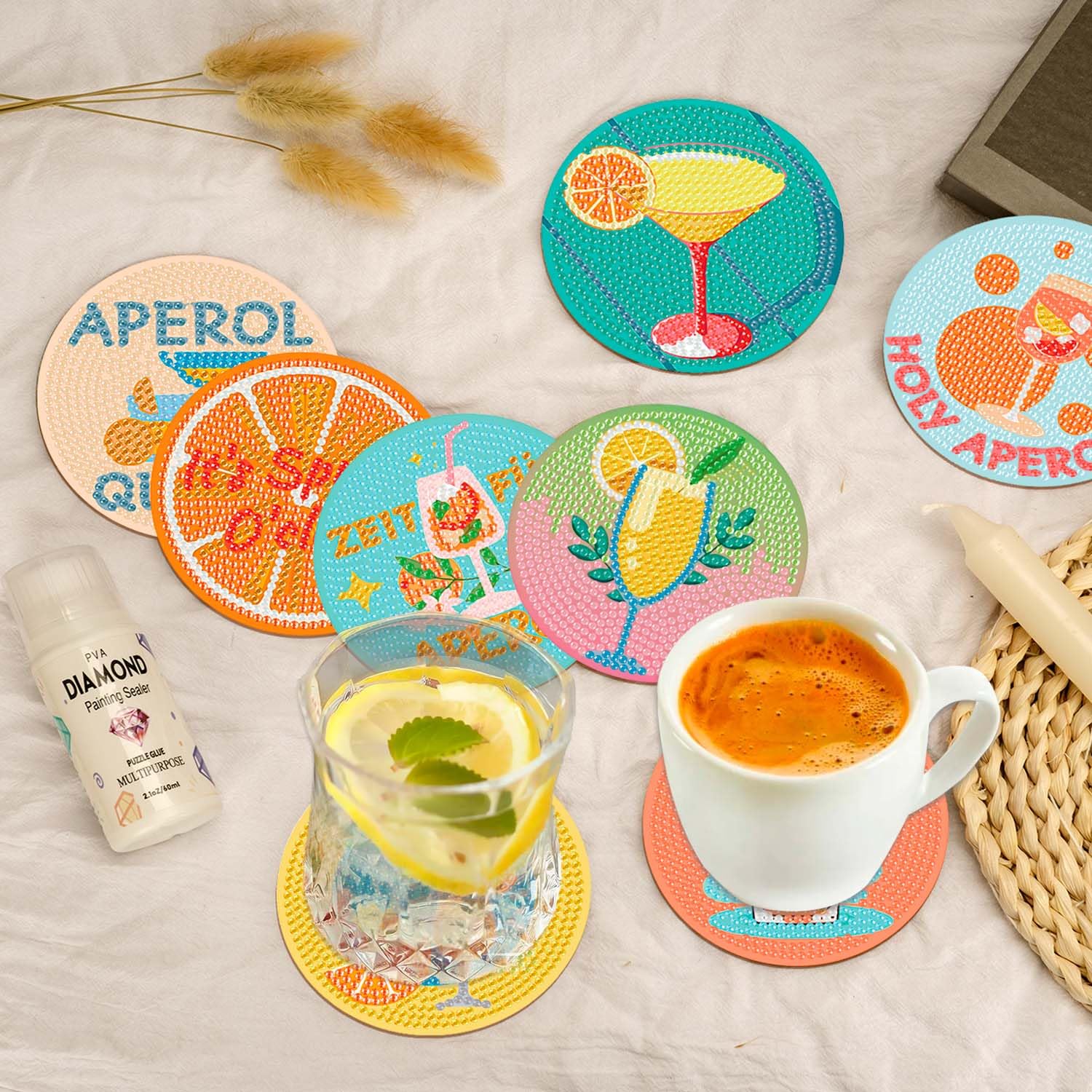 8 Stück Diamond Painting Untersetzer Aperol Spritz Geschenke Frau Cocktail Diamant Painting Untersetzer mit Korkmatte Halter Cocktail Diamond Painting Versiegelung Zubehör
