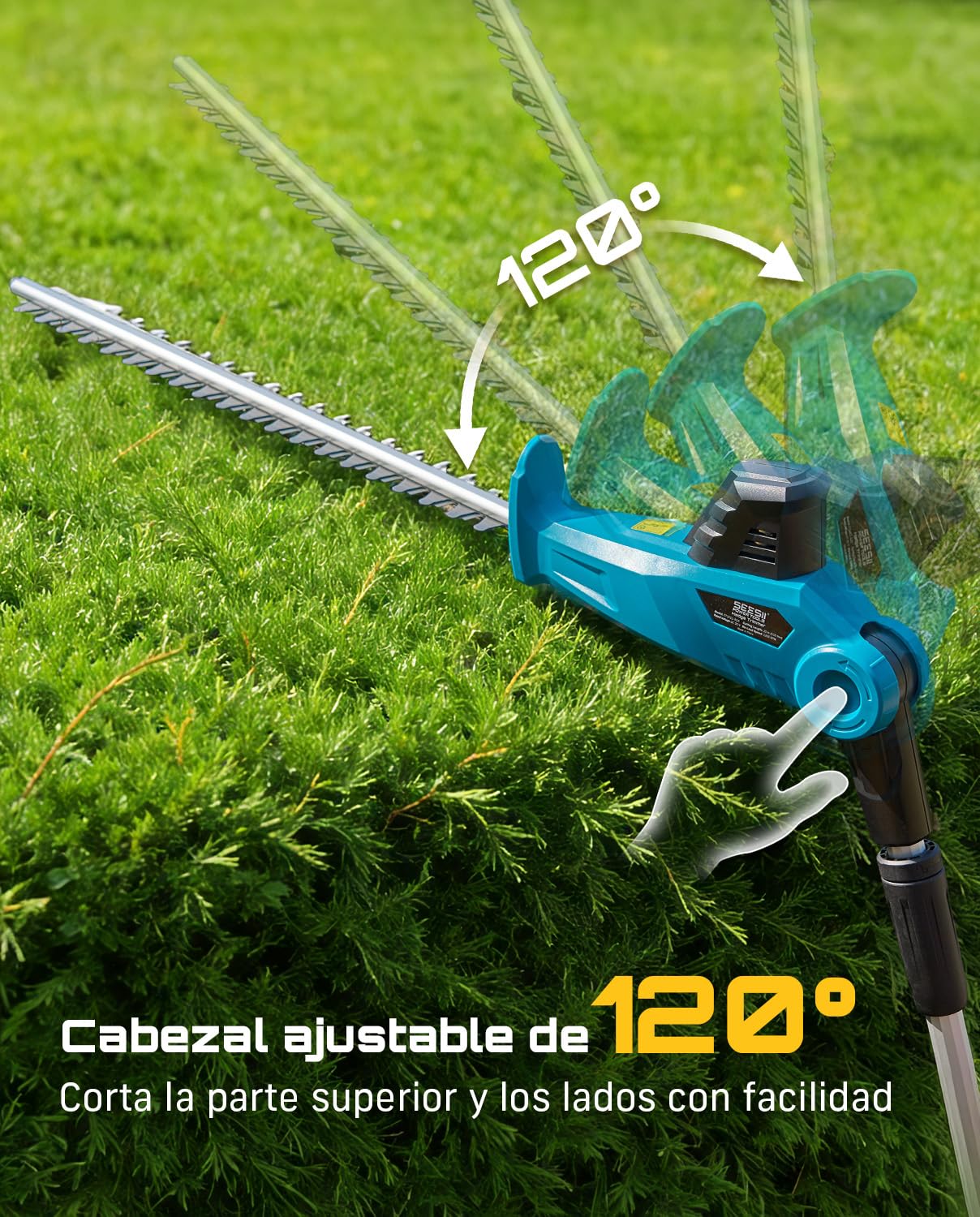 SEESII Cortasetos Batería, Cortasetos Eléctrico con Pértiga Telescópica 2,4 M, Cuchilla Doble Acción 50 Cm, 2×4000 mAh Baterías, Cabezal Giratorio Ajustable, para Setos Y Arbustos