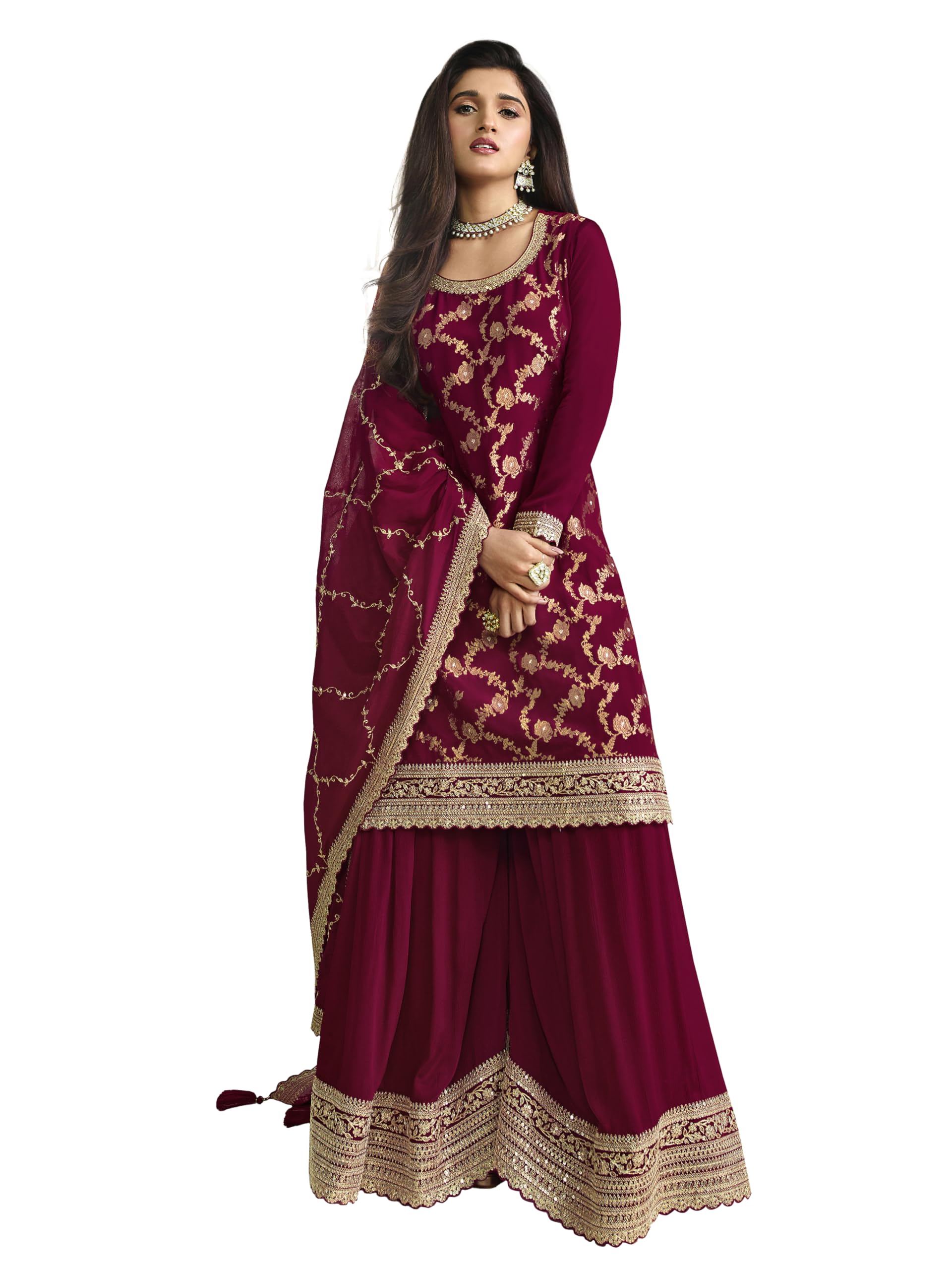 trendmalls Women’s Jaquard Silk Embroidery sequence Work Kurta Palazzo With Dupatta For Women-picture-27