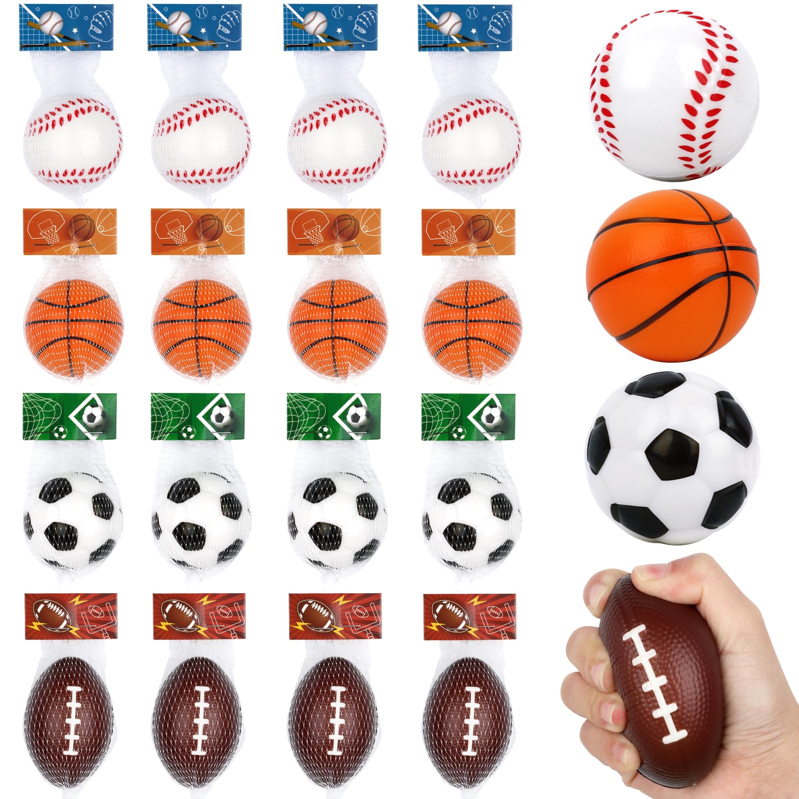 Hxezoc 16 Pieces Stress Balls Foam Bouncy Balls Stress Relief Pinata Filler Goodie Bag Stuffers Card Basketball Football Sports Ball Toys for 4-12