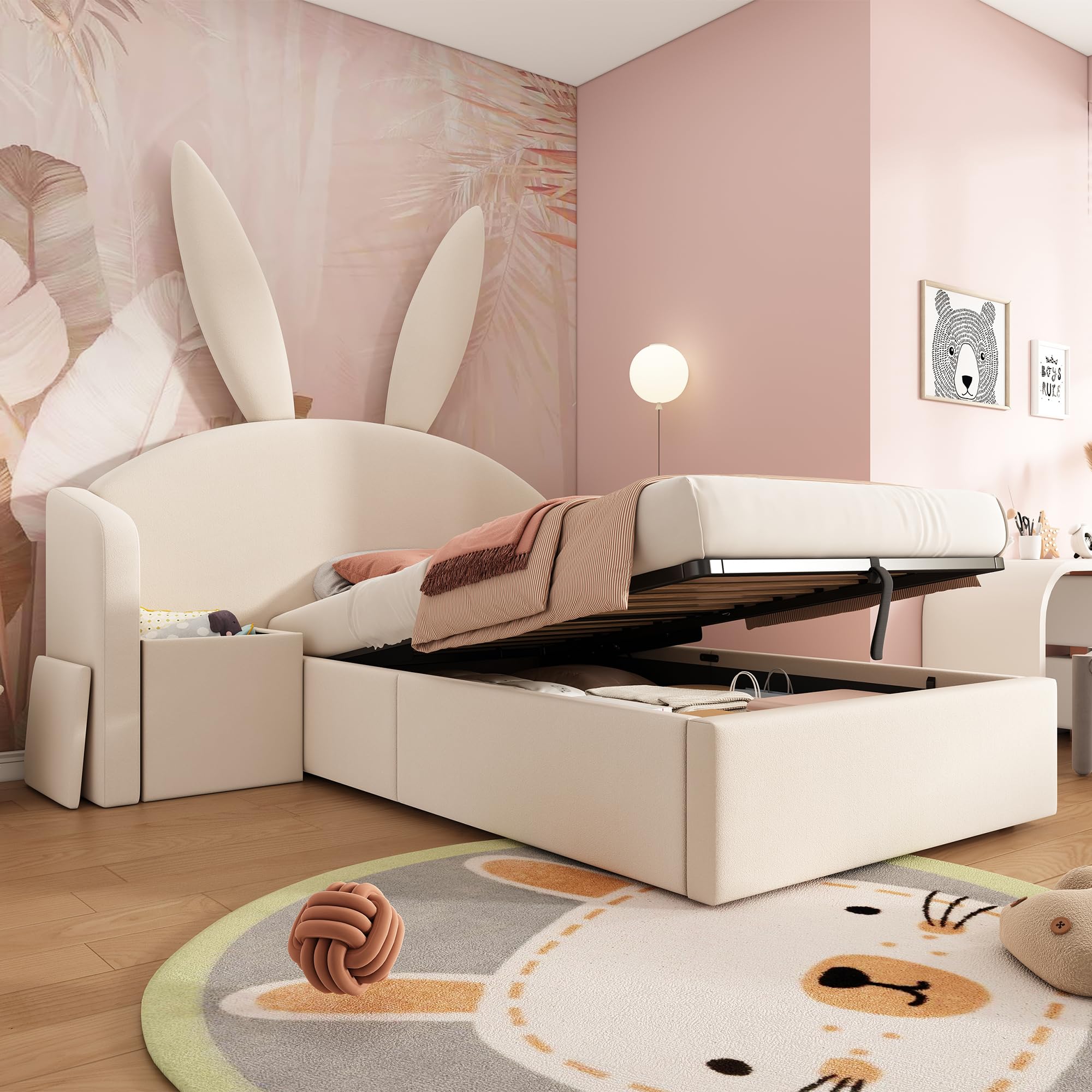 Estructura de Cama Tapizada 90x190cm Cama Individual Canape Hidraulico con Mesilla Integrada Mueble Dormitorio Base de Cama Somier Madera Almacenamiento Terciopelo Beige Juvenil