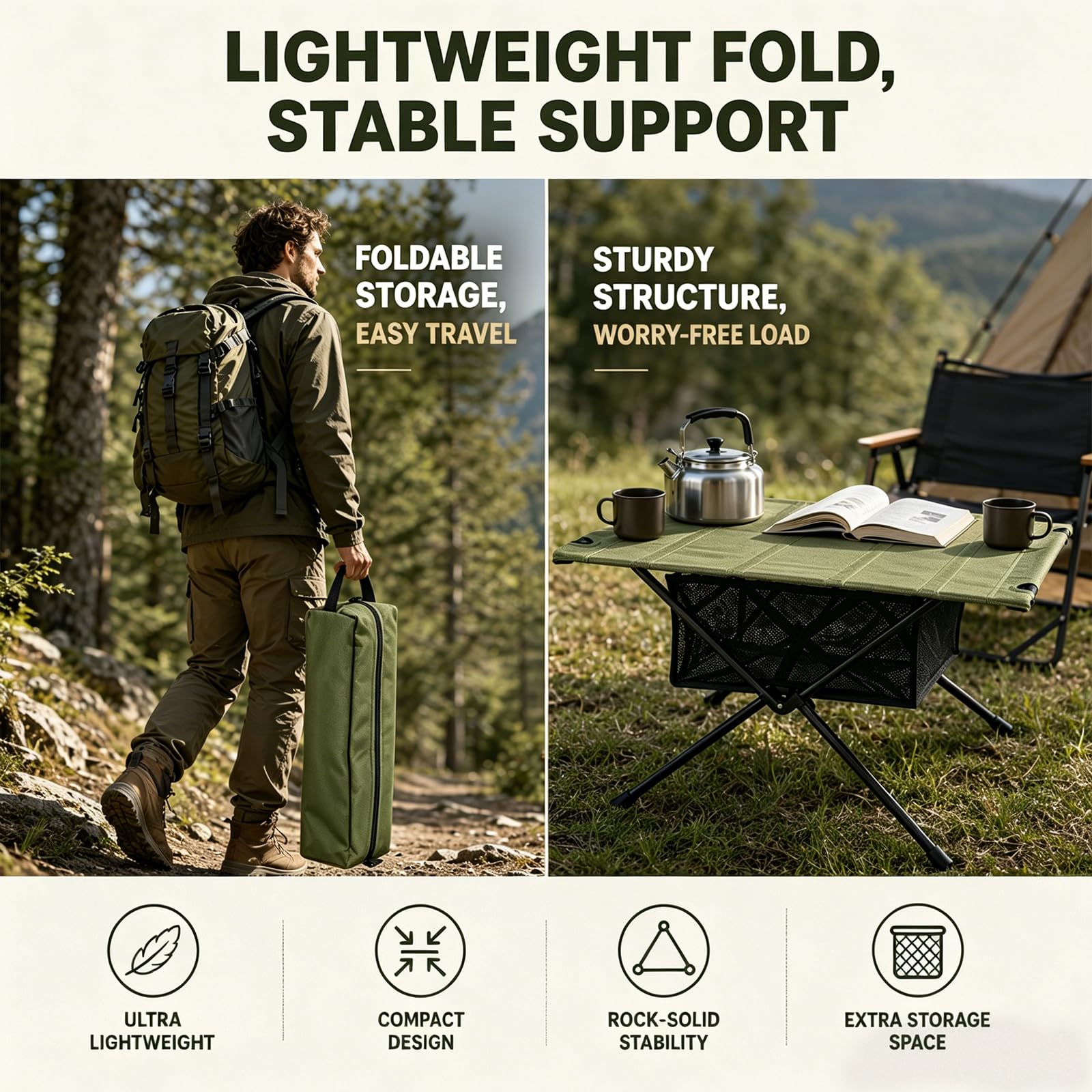 Tavolo da campeggio pieghevole, piccolo tavolo pieghevole, con borsa per il trasporto e borsa a rete, tavolo da esterno ultraleggero, portatile, portata fino a 30 kg, per attività all'aperto