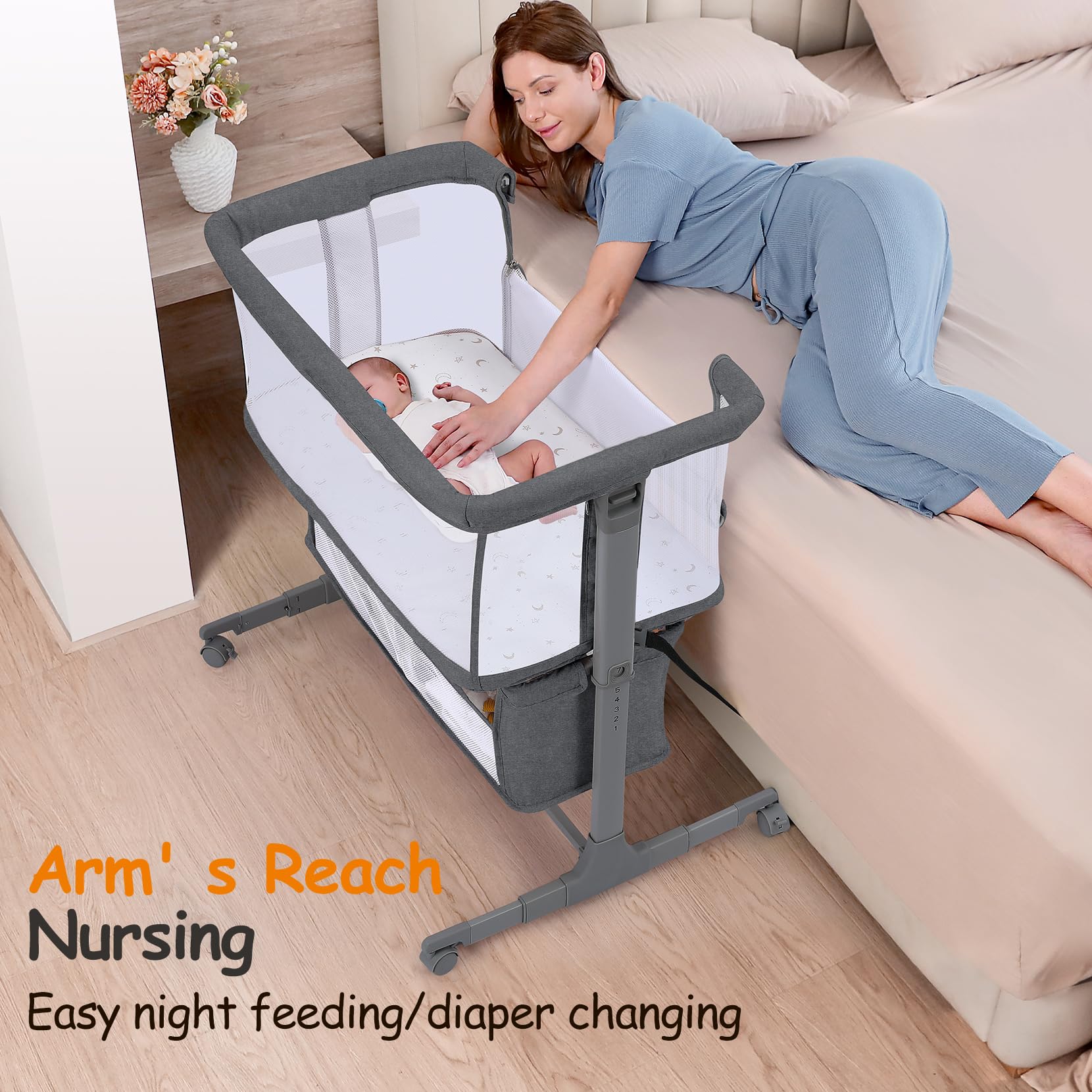 Culla Fianco Letto per Neonati, Lettino Co-Sleeper Regolabile in 7 Altezze con Ruote, Materasso e Cesto Portaoggetti, Culla Portatile per Camera da Letto grigio scuro