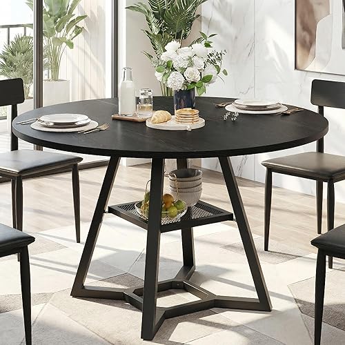 Vista 5 de Round Dining Table for 4-6 with Storage Shelf, Kitchen & Dining Room Circle Pedestal Table, Heavy Duty Metal Frame & Wood Top