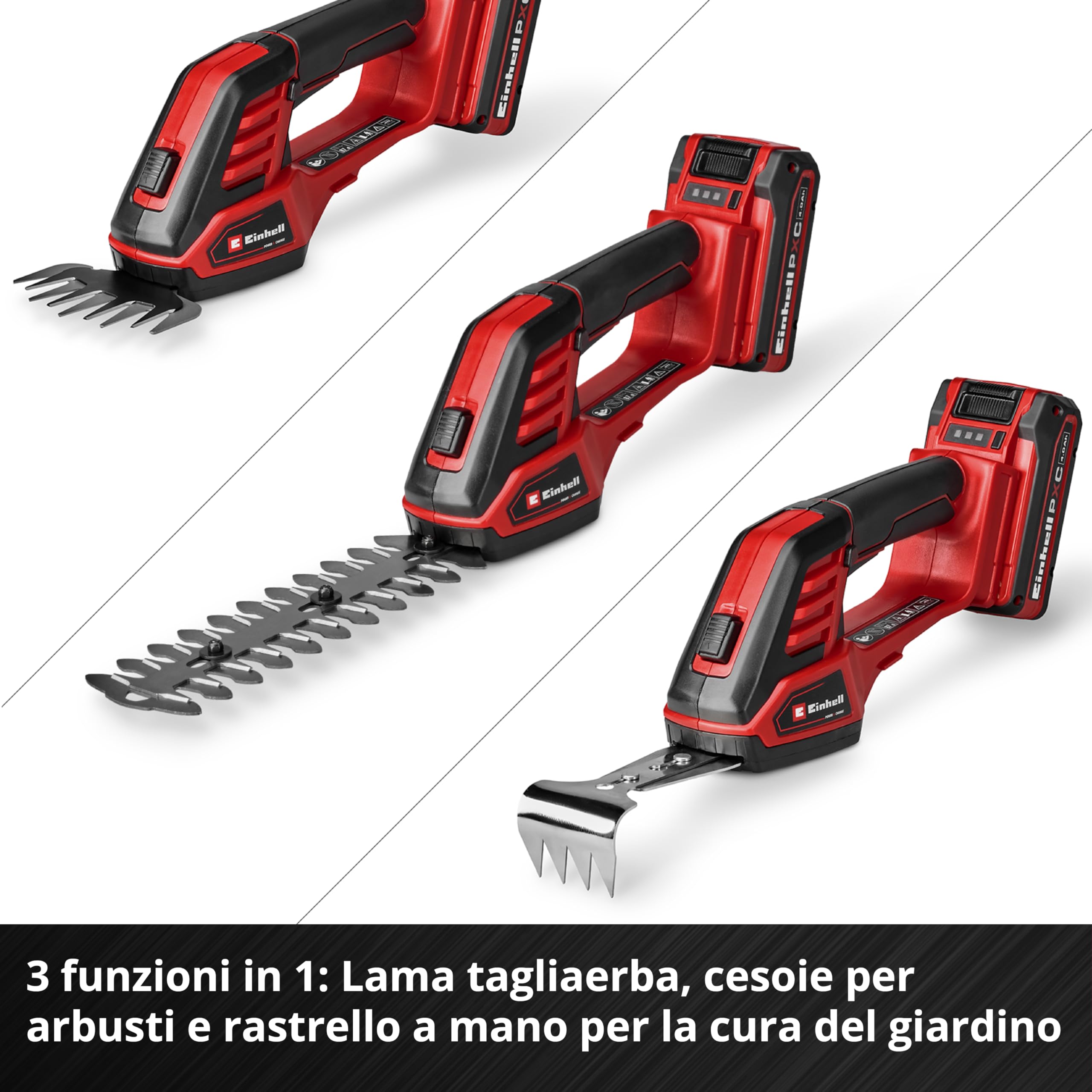 Cesoie per erba e cespugli a batteria Einhell GE-CG 18/100 Li - 3 in 1-Solo Power X-Change (18 V, incl. lama tagliaerba 100 mm, cesoie per arbusti 200 mm, testina a rastrello, senza batteria)
