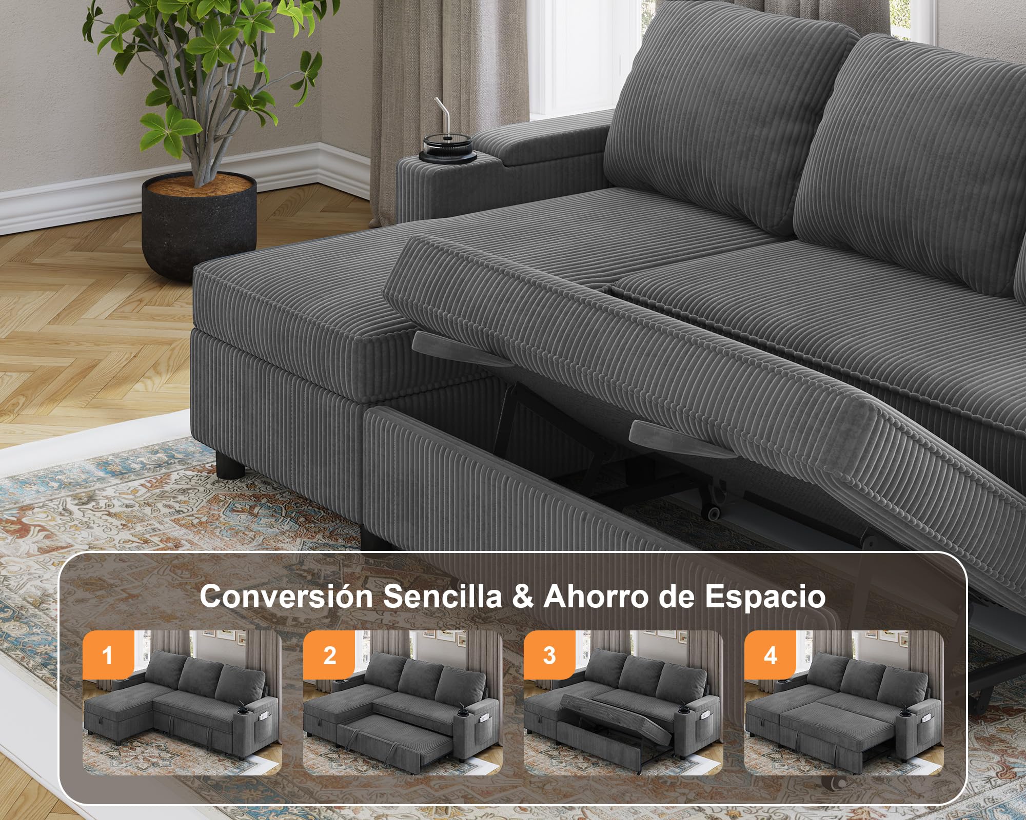 Devoko Sofá Cama Chaise Longue, Sofá de Salón Cheslong de 3 Plazas Convertible en Cama, con Almacenamiento Integrado y Portavasos, Sofá Chaise Longue en Forma de L con Tejido Suave Gris Oscuro