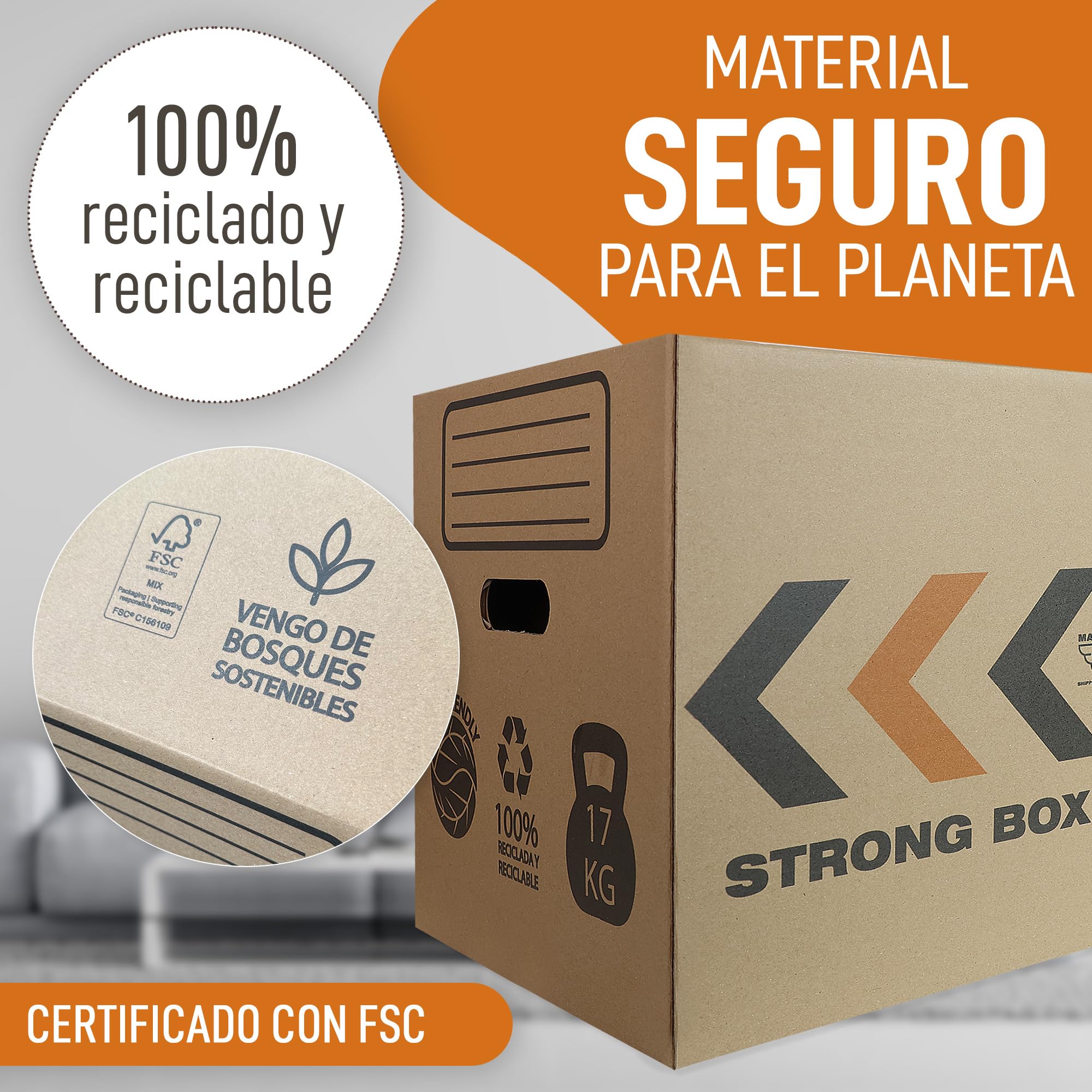 10 Cajas Mudanza Talla L de 45 Litros + PRECINTO - Cajas Carton Mudanza (50x30x30cm) Reforzadas y Resistentes - Cajas de Carton Certificación FSC - 100% Reutilizables