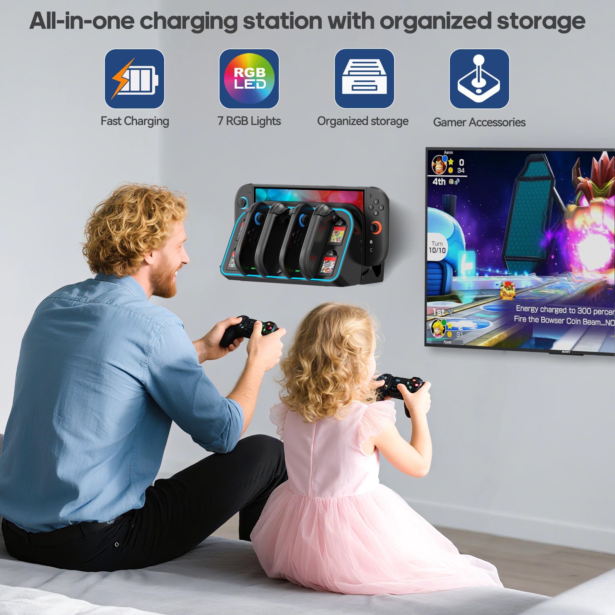 Stazione di Ricarica a Parete per Nintendo Switch 2, Staffa di Montaggio a Parete per Nintendo Switch 2, Caricatore da Parete per Joy-con 2 con 7 luci RGB, Accessori per Switch 2