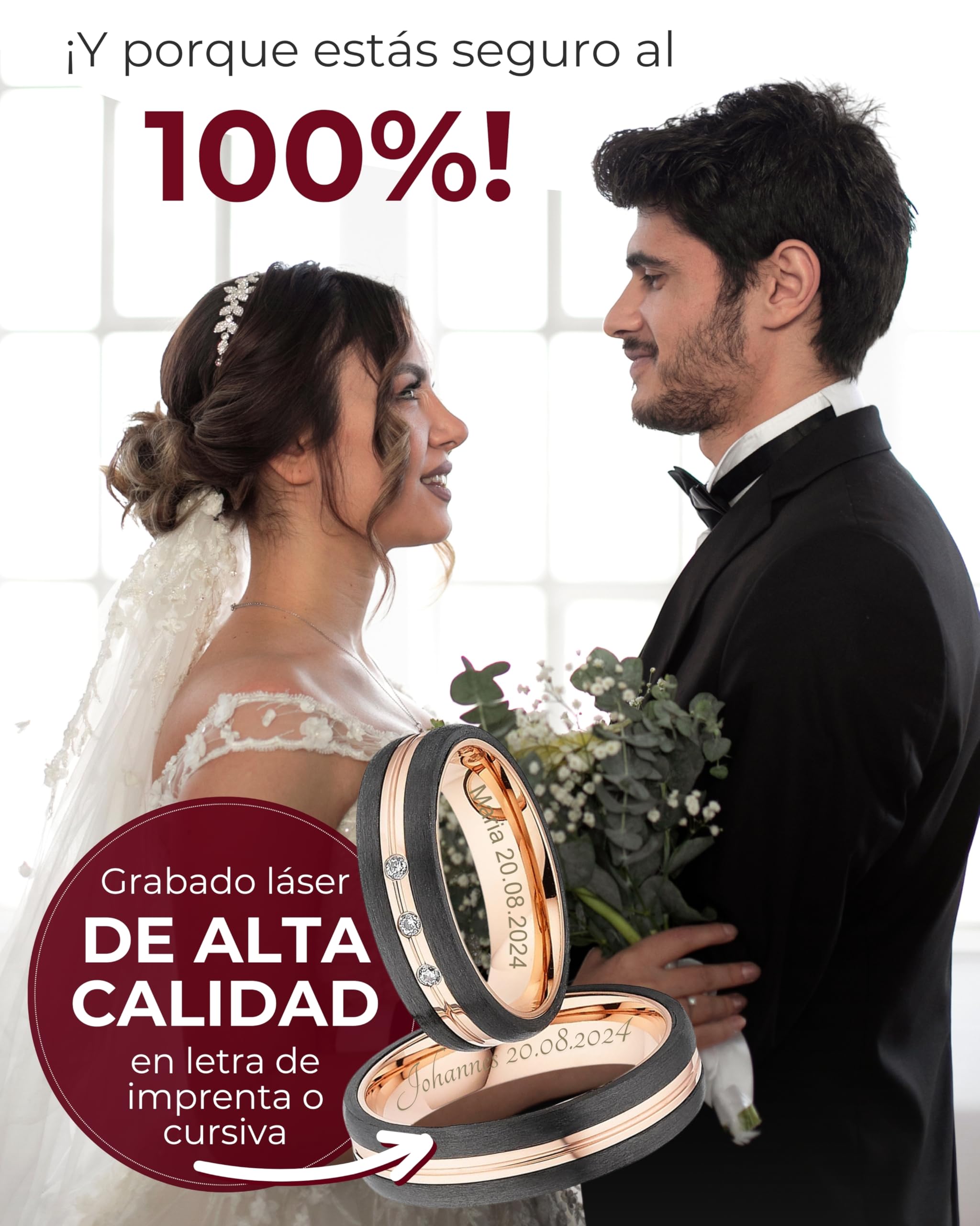 123traumringe Anillos de boda de carbono, titanio y con baño de oro rosado, precio por par con circonitas, incluye grabado, alianzas de titanio para él y ella, anillos de boda, P36