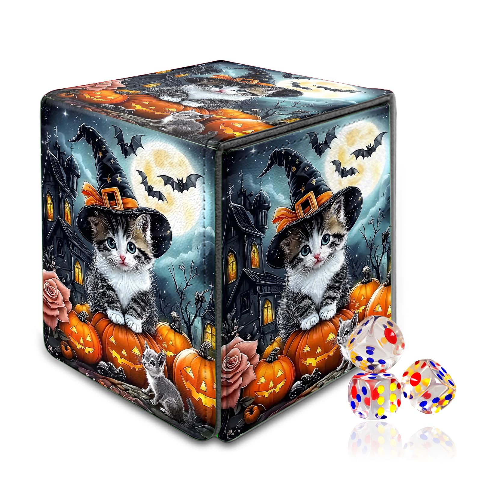 VOGDMKJG Trading Card Deck Box Fit 120+ Single Sleeved Cards,PU Leather Magnetic Closure Card Storage Box With 3 Dice For MTG/TCG/PTCG/Magic/Sport Card Storage Case Vertical Design Pumpkin Cat