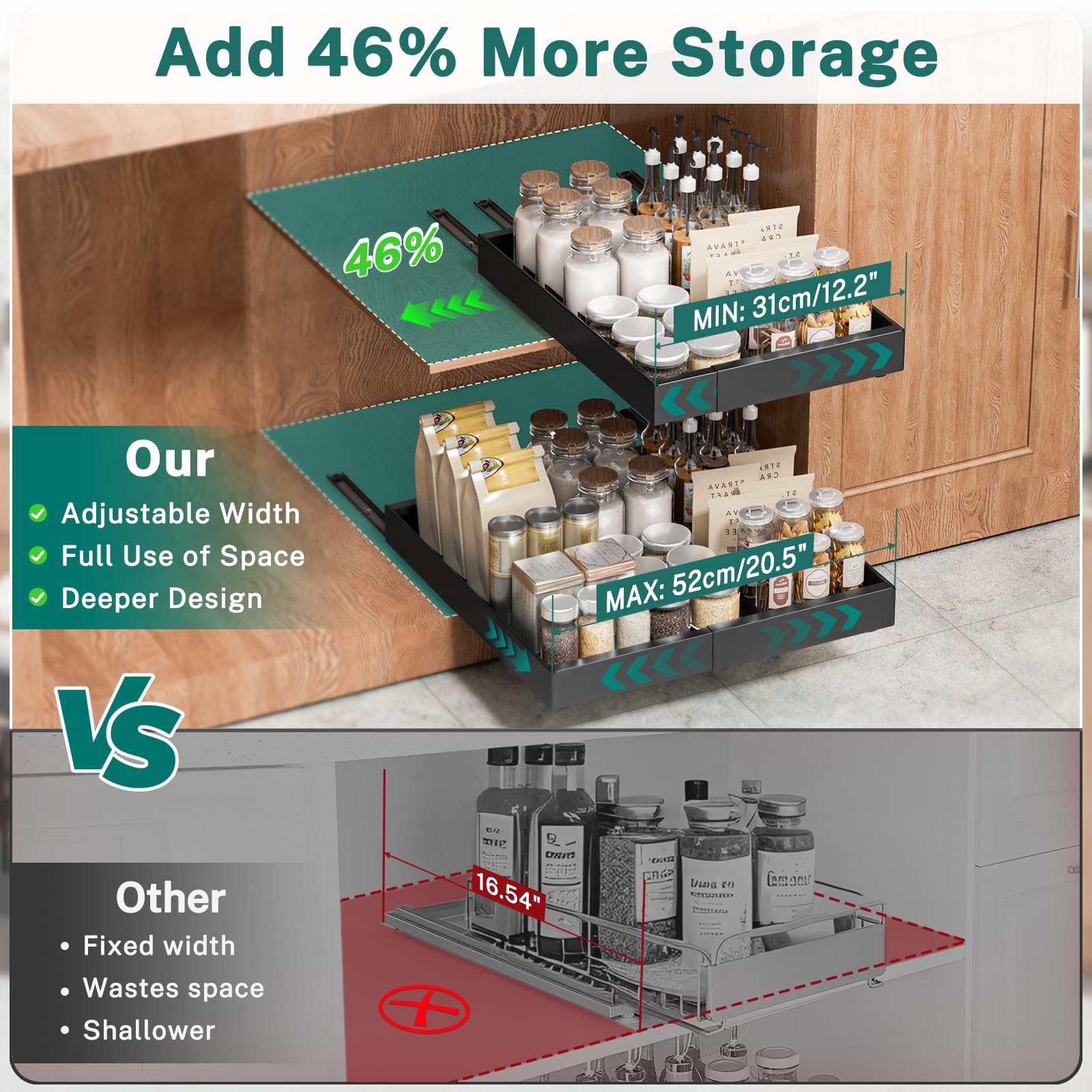 Ausziehbarer Schrank Organizer – Erweiterbare Teleskopschublade für Küchenschränke, Breitenverstellbarer Schrankauszug, Slide-Out Drawer für Küche & Vorratsraum (1 Stück, Schwarz)