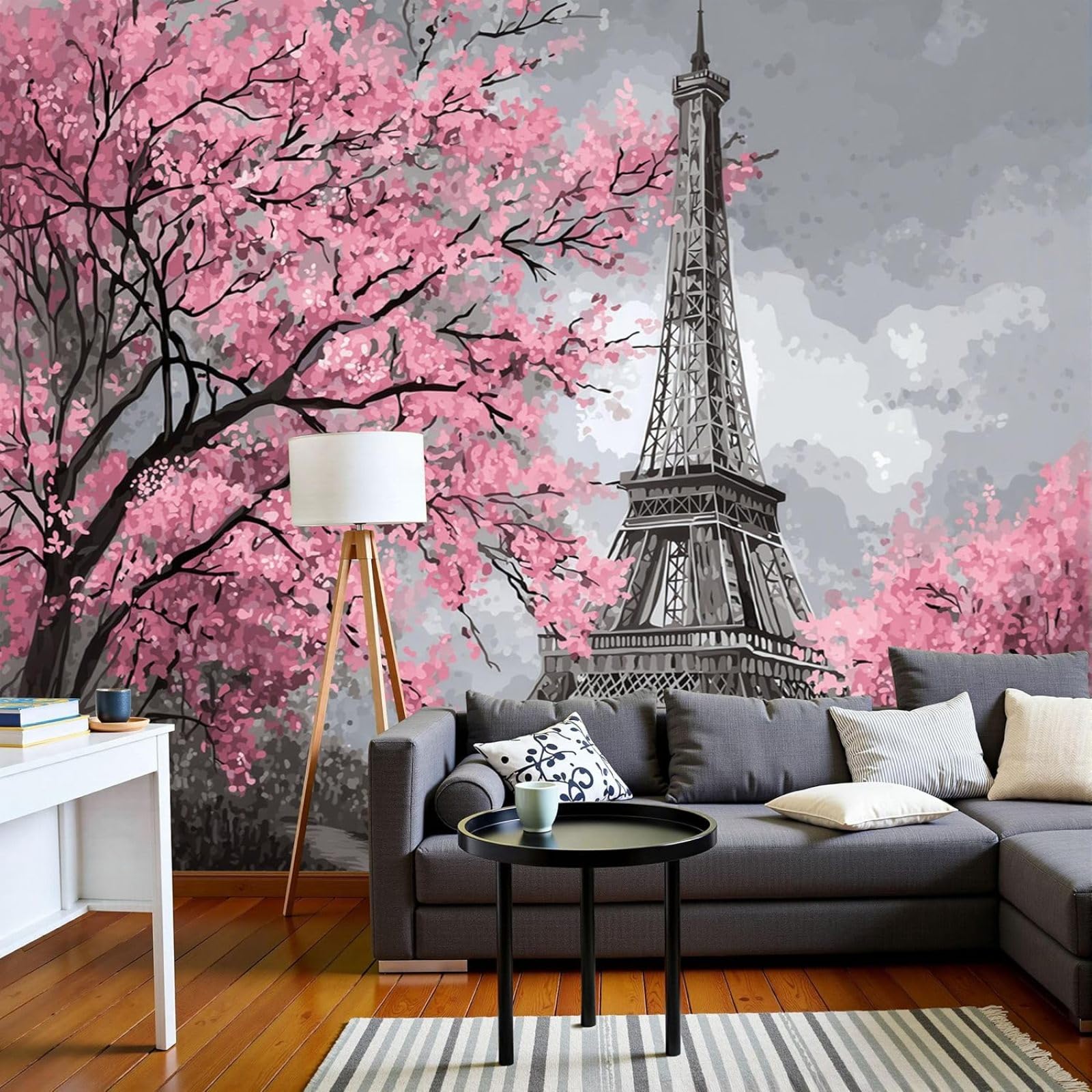 Photo wallpaper Famous Eiffel Tower Non-woven Romantic Cherry Blossom Trees Modern Wall Mural, Grey Decoration For Living Room Bedroom, 400cm x 280cm Stickers - Frameless Painting - Poster