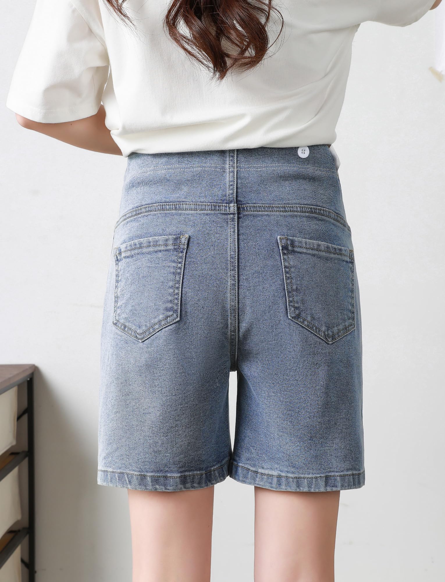 FEOYA Premaman Estiv Pantaloncini Classici a Gamba Dritta Jeans di maternità alla Moda Denim Shorts di maternità con Vita Elasticizzata S-4XL