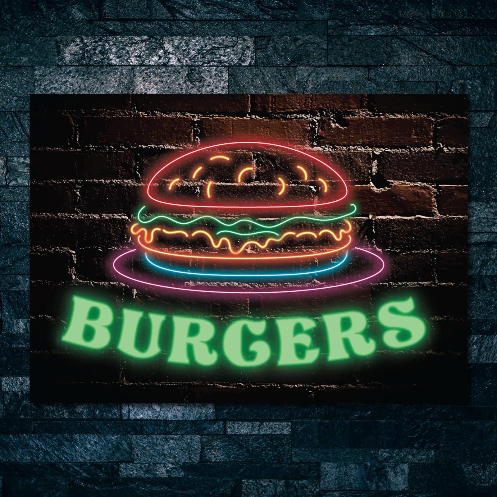 My Pixel Print Metal Burger Neon, Burger Led, Fast Food Neon Sign Wall Decor Plaque