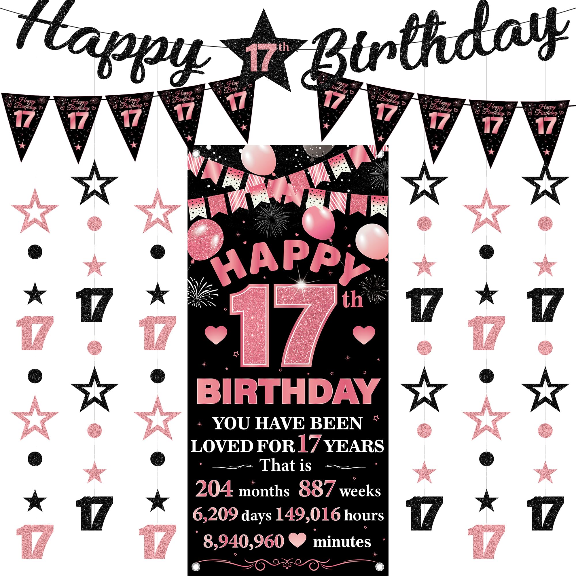 17th Birthday Decorations Banner Girls - 9 Pcs Black Rose Gold Bannes Backdrop Number Star Dot Glitter Hanging Garlands Kit for Girl Happy 17 Years Old Birthday Party Decor Supplies