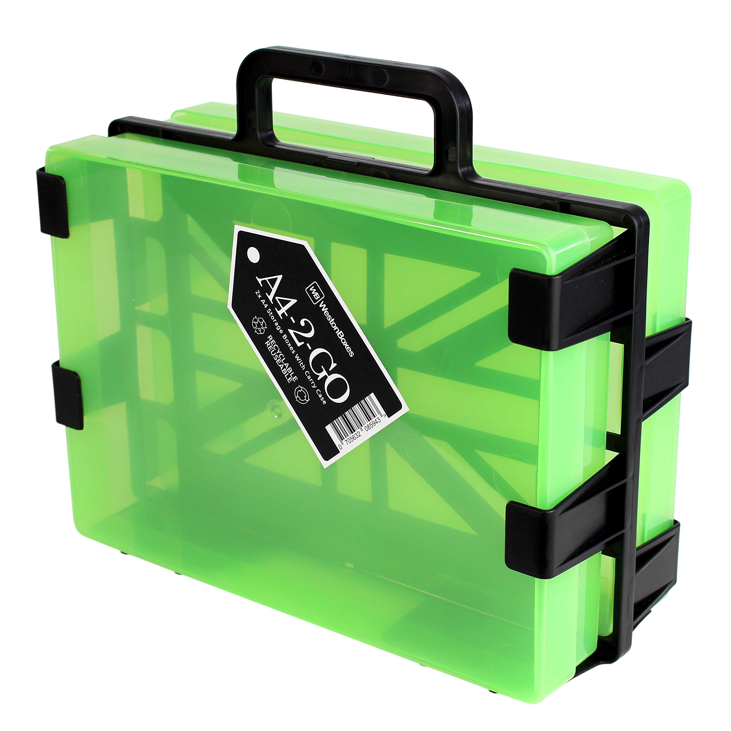WestonBoxes A4 Craft Storage Box Carrier with 2 Plastic A4 Paper Storage Boxes - Easily Transport Art and Craft Supplies, Hobby and Model Making Parts, Sewing Kit and more (Green, Pack of 1)