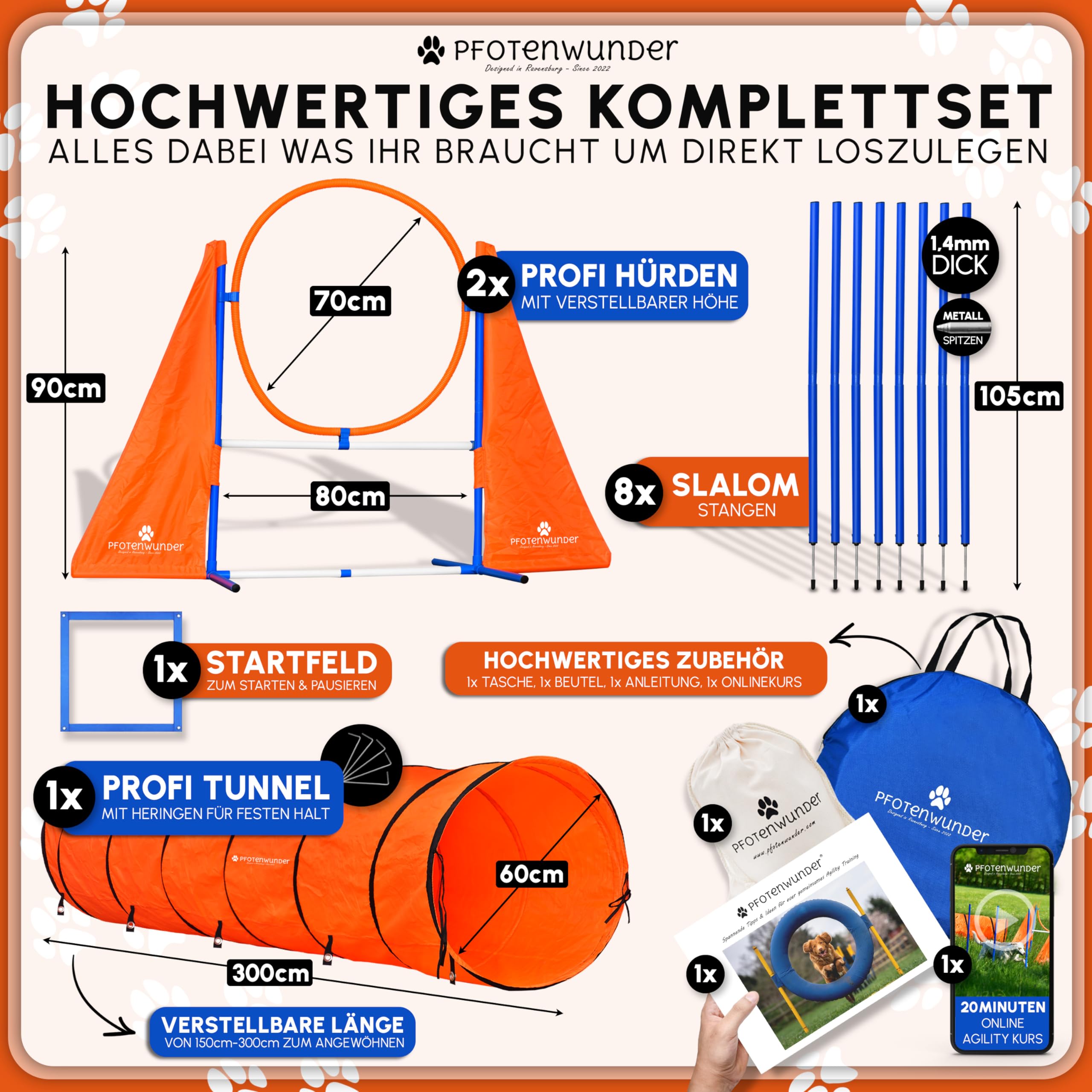 PfotenWunder® XXL-Profi-Agility Set Hunde Groß + 3 Meter-Tunnel + 21 Min. HUNDESCHULE -6 Slalomstangen, für kleine & große Hunde-Training Sport Cavaletti Parcour Steckhürdenset Zubehör Hürden