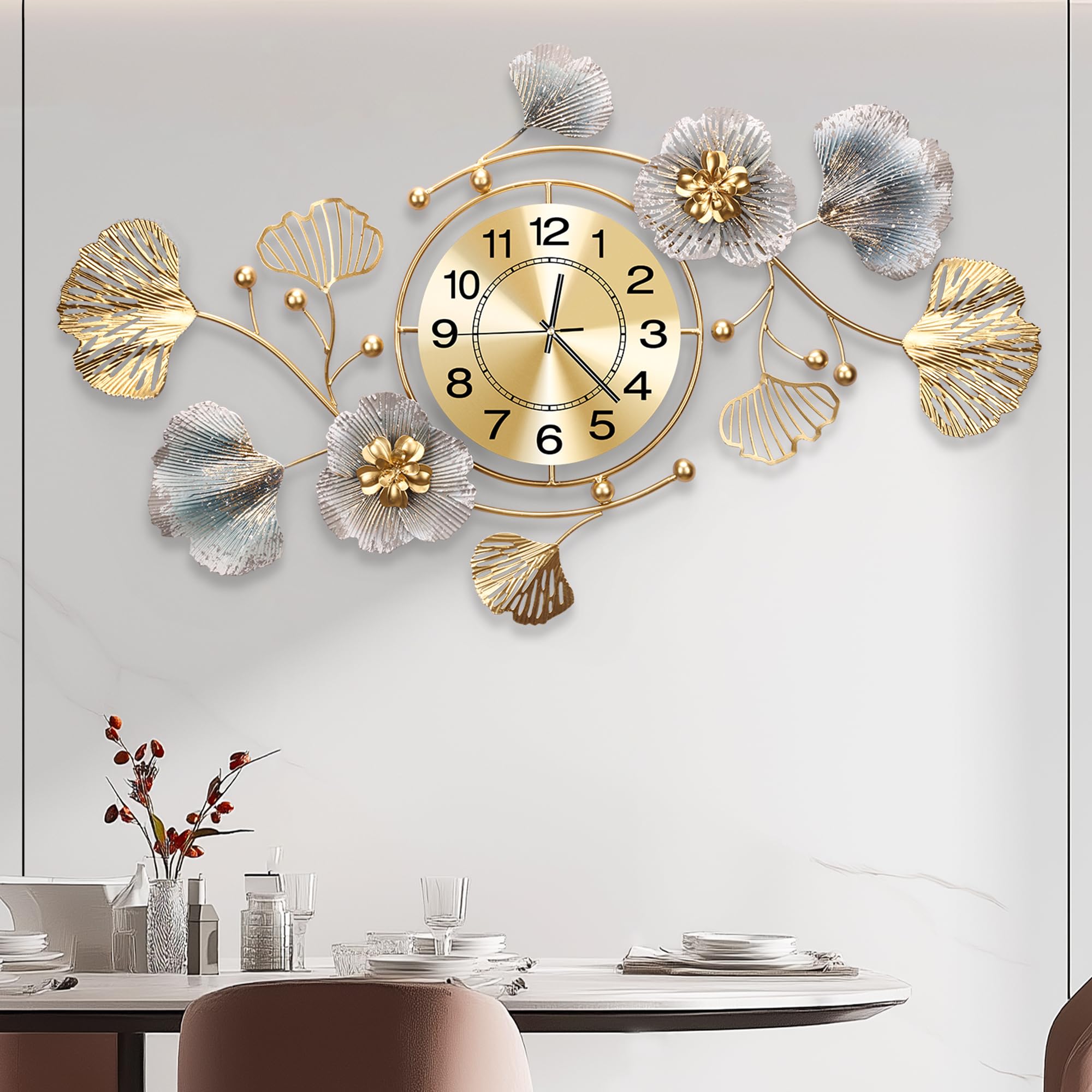 Relojes para sala de estar, gran reloj de pared, reloj de pared silencioso, diseño de hojas ginkgo de metal retro, para cocina de cama relojes de pared decorativos (azul retro, 82cm)