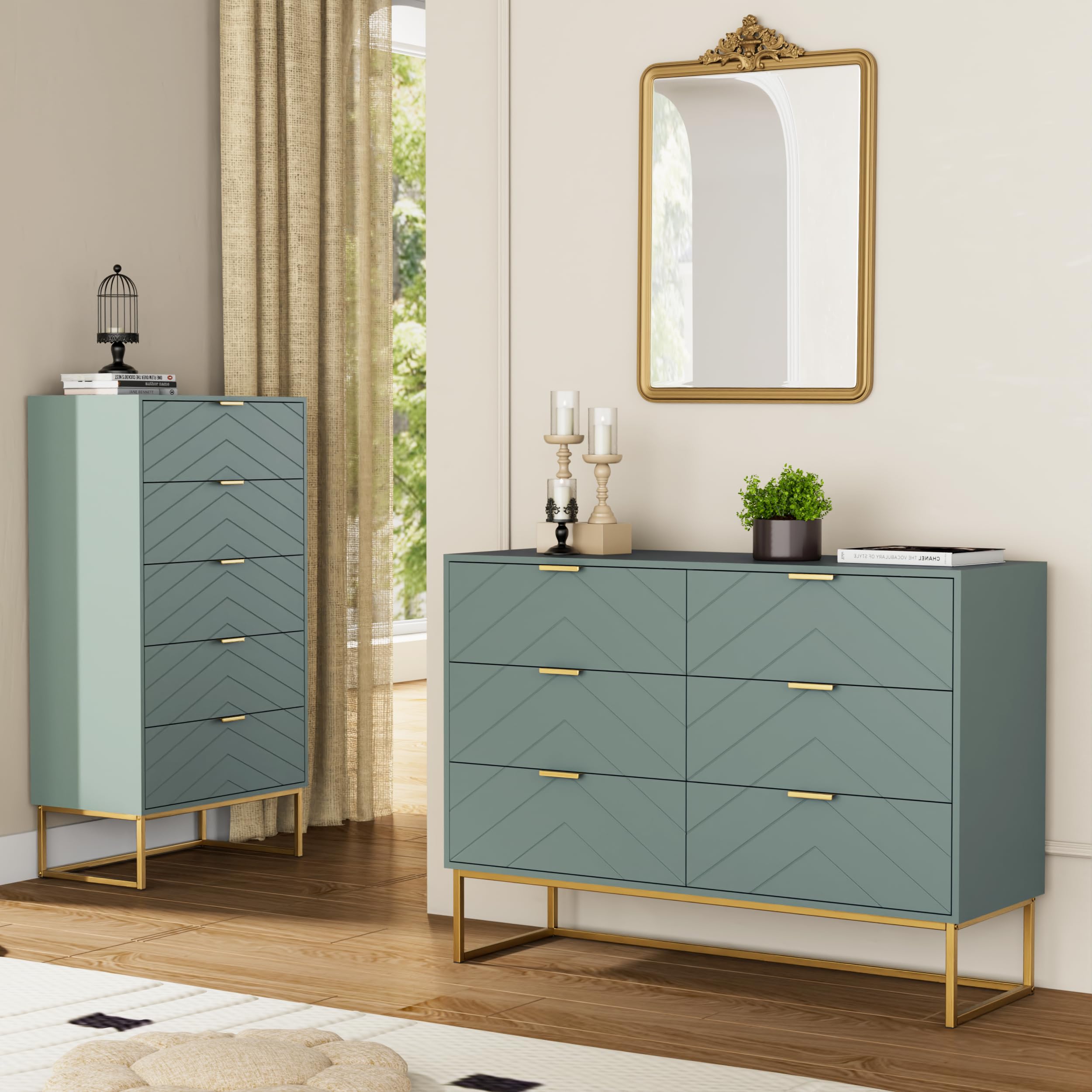 UEV Cómoda para Dormitorio, Cómoda con 6 Cajones y Patrón de Líneas, Armario Moderno y Práctico, Diseño Seguro Antivuelco, 100x34x73.5cm, Verde