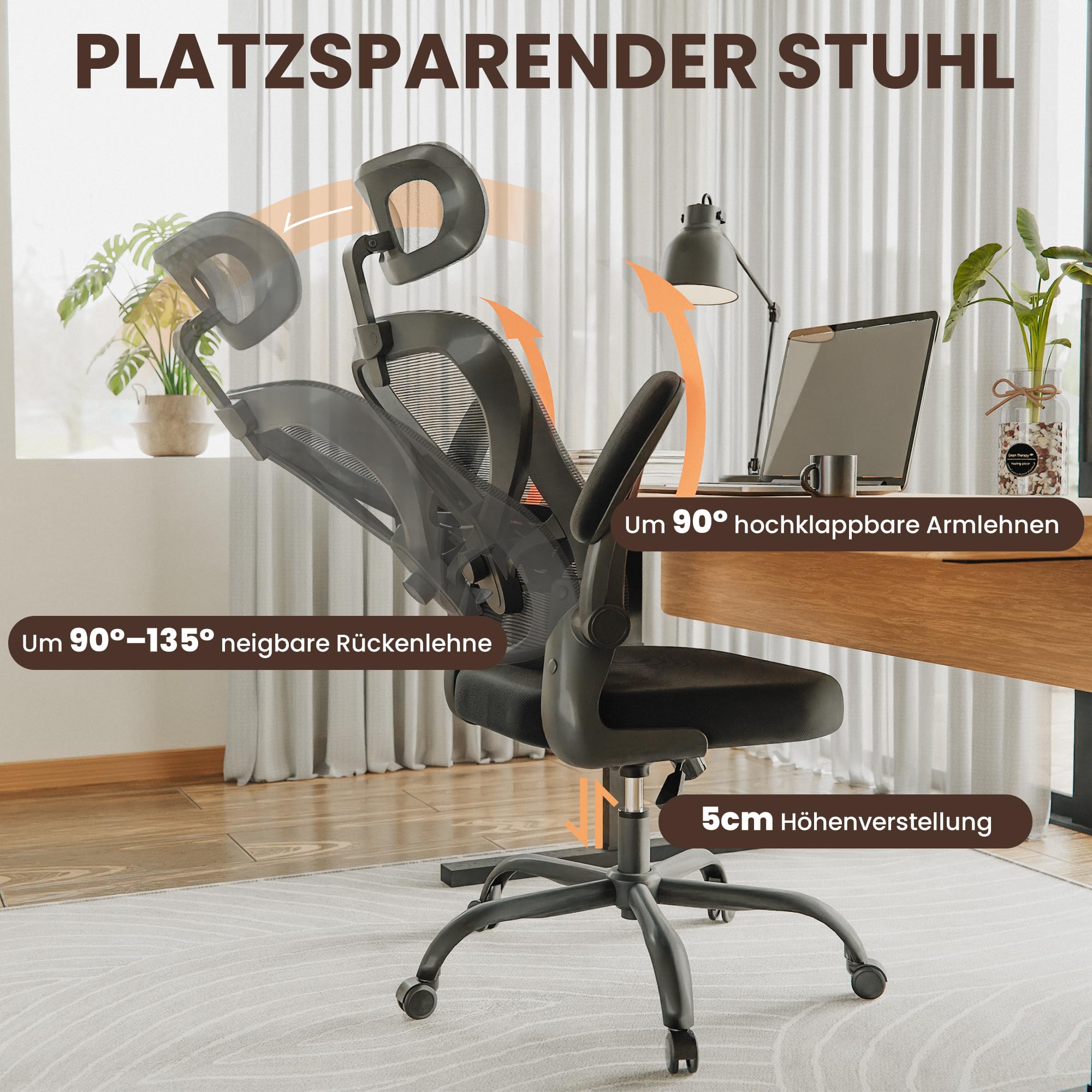 ALAULM Ergonomischer Bürostuhl mit Verstellbarer Lendenwirbelstütze und um 90° hochklappbaren Armlehnen, Computerstuhl mit hoher Rückenlehne aus Netzgewebe für Zuhause und Büro, schwarz