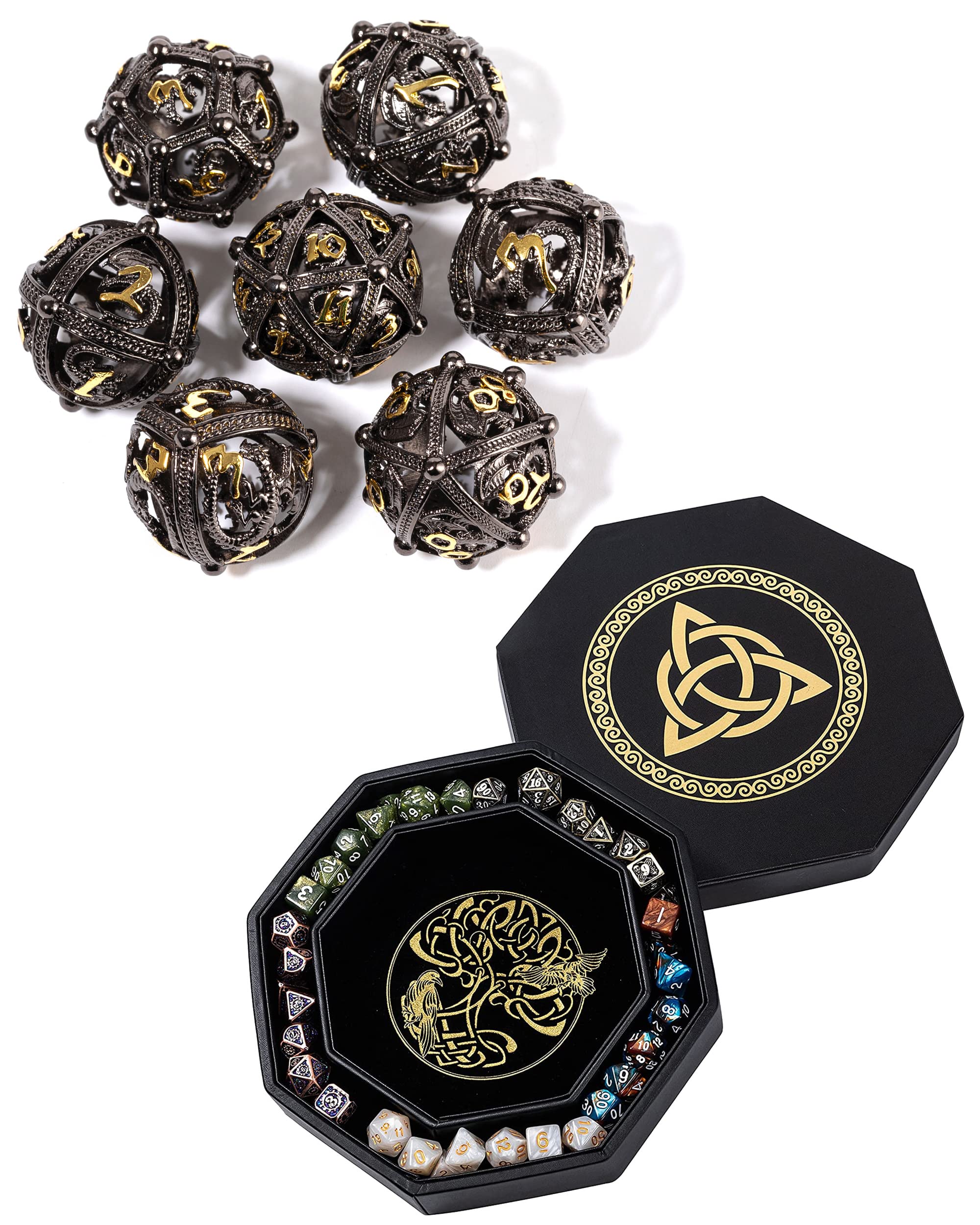 Soar Forge Gold Celtic Knot Dice Tray + Black Gold Hollow Orb Dice