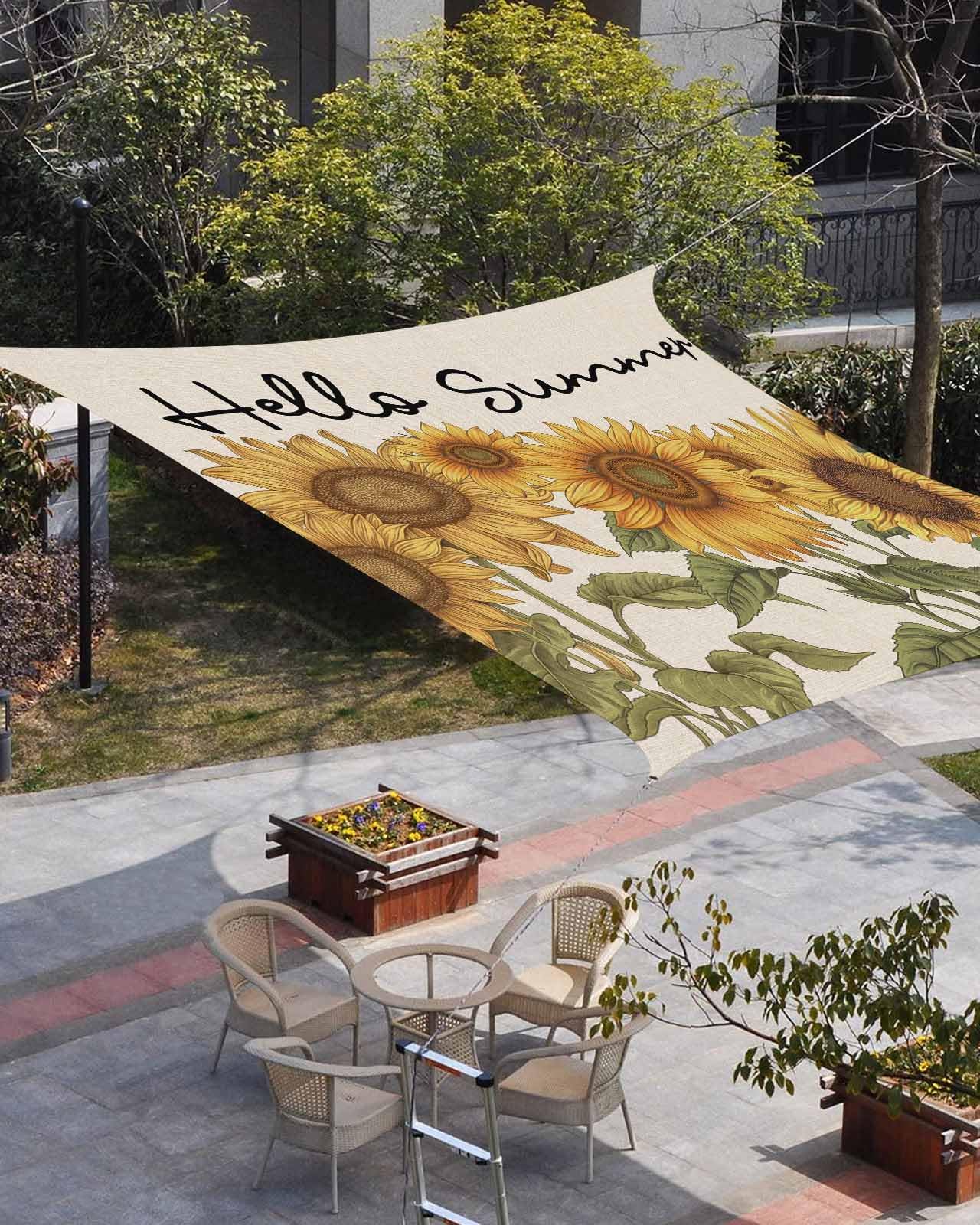Waterproof Sun Shade Sail Rustic Farmhouse Sunflower Linen Pattern Outdoor Patio Sun Shades Canopy UV Block Water Resistant Sunshade for Garden Backyard Deck Pergola 6.5x10 Ft