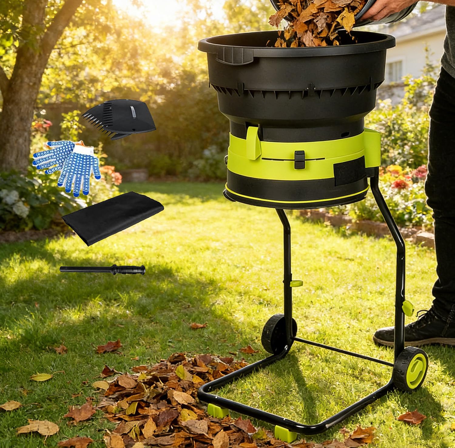 Trituradora de Hojas Eléctrica Sin Cuchillas 2500W Trituradora Eléctrica con Cable y Bolsa Recolectora Jardín Trituradora 8000 RPM, para Hojas,Césped y Recortes Jardín 10m-Powercord