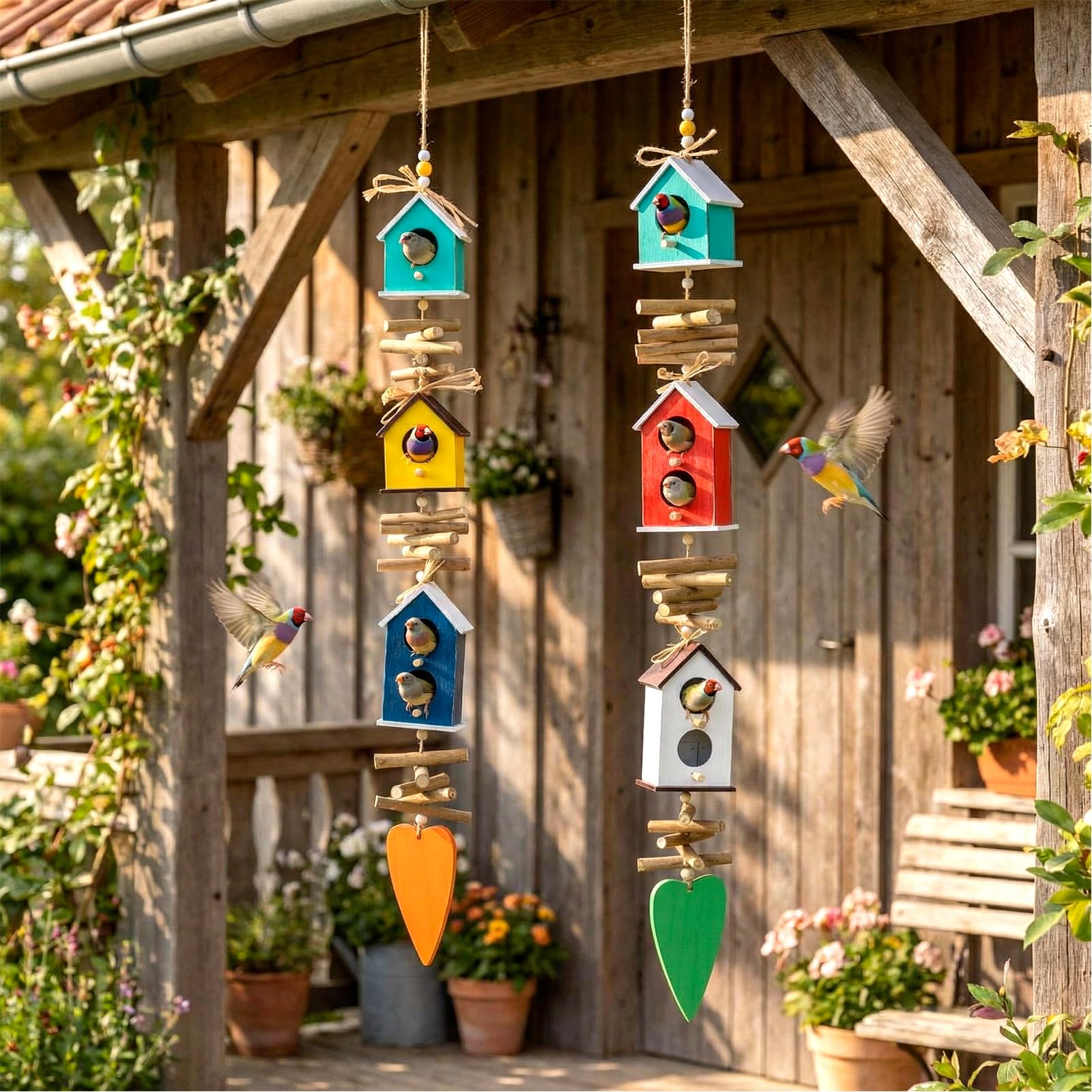 Potchen Paquete de 2 comederos colgantes coloridos para pájaros al aire libre, jardín, aldea, granja, comedero de madera para pájaros para casas de campo, granja, decoración de jardín al aire libre