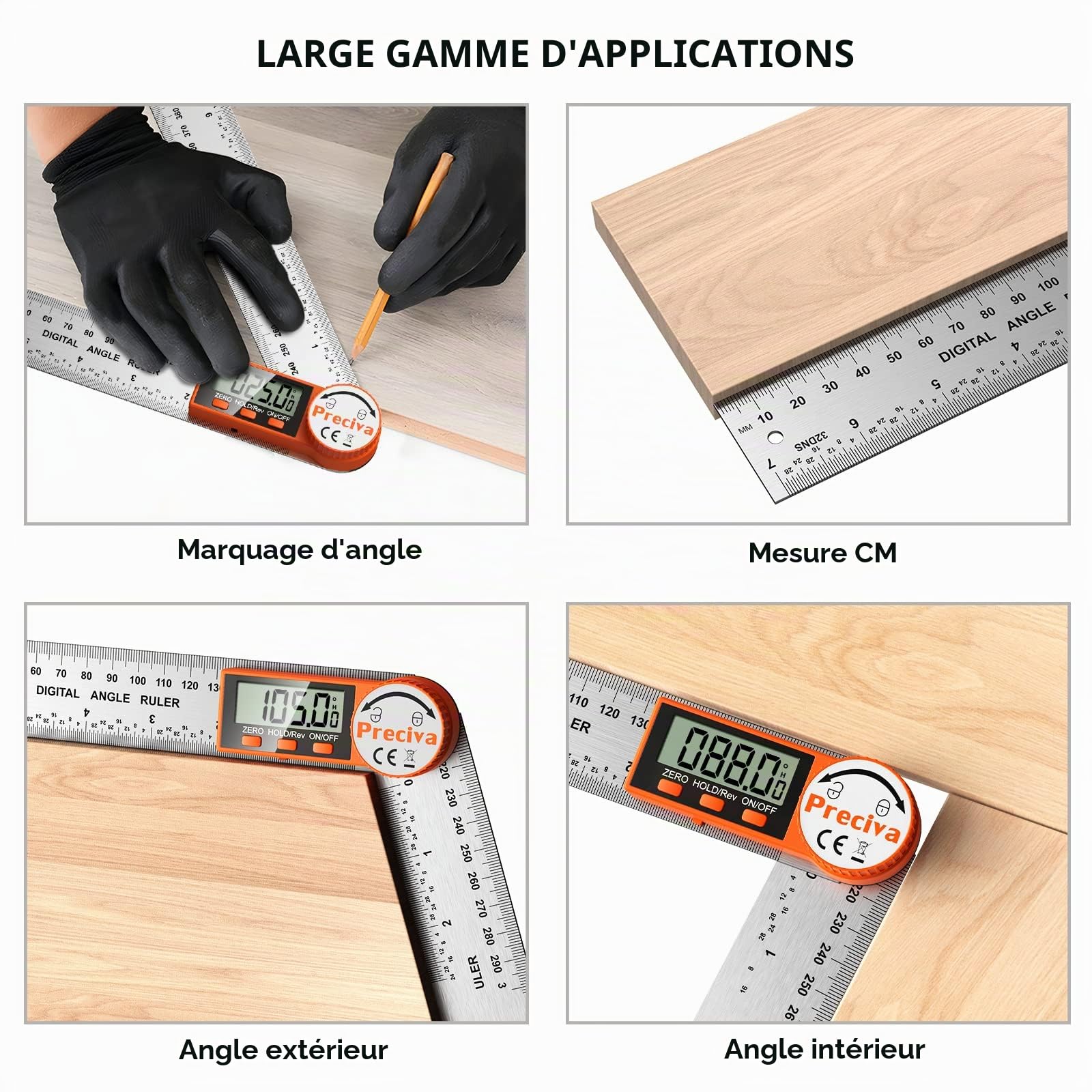 Preciva Jauge d'angle numérique, 400 mm, goniomètre numérique en acier inoxydable avec large écran LCD et fonctions de réinitialisation, verrouillage et inversion