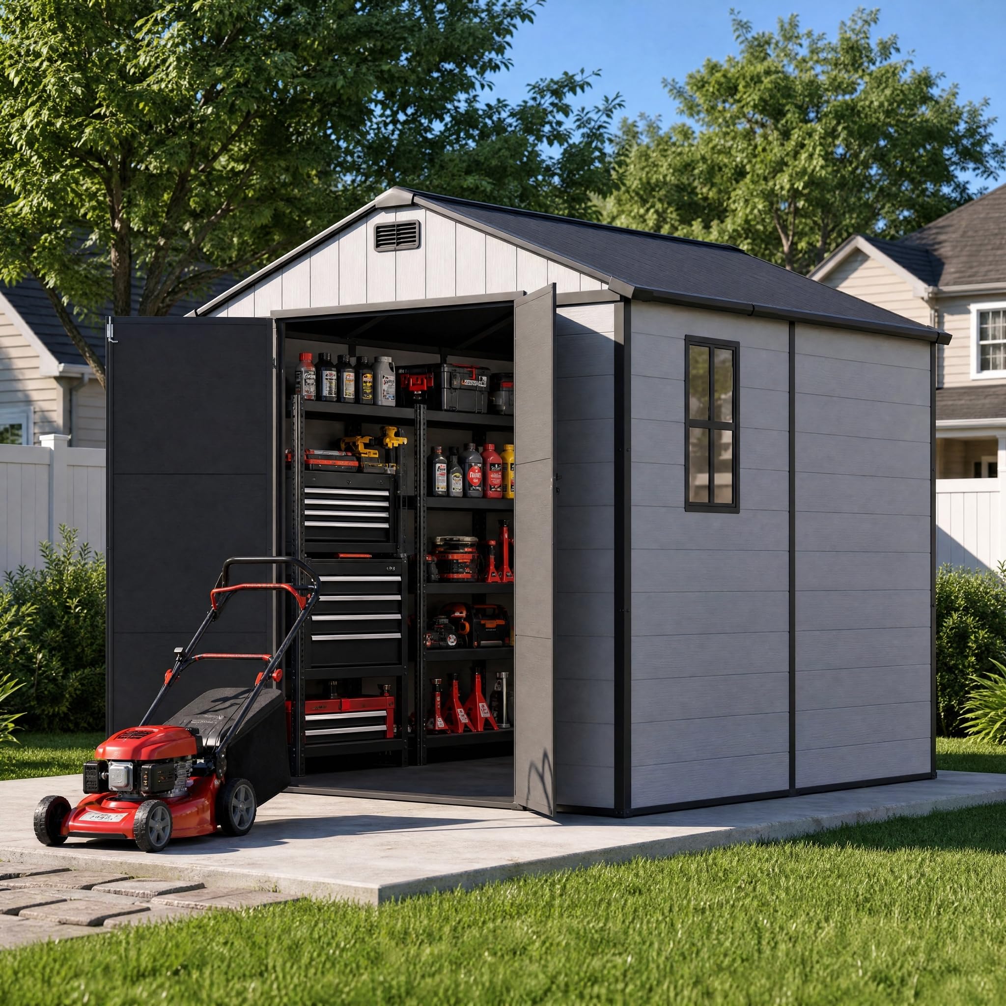 Devoko 8 x 8 FT Resin Storage Shed with Floor, Outdoor Plastic Tool Shed