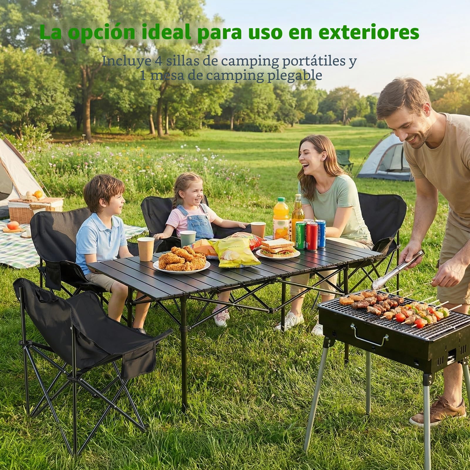 Conjunto De Mesa Y Silla Camping De 5 Piezas, Mesa De Camping Plegable Y 4 Sillas Plegables De Acero Al Carbono, Mesas Picnic Plegable Portátil Para Jardín, Terraza O Pesca (Negro)