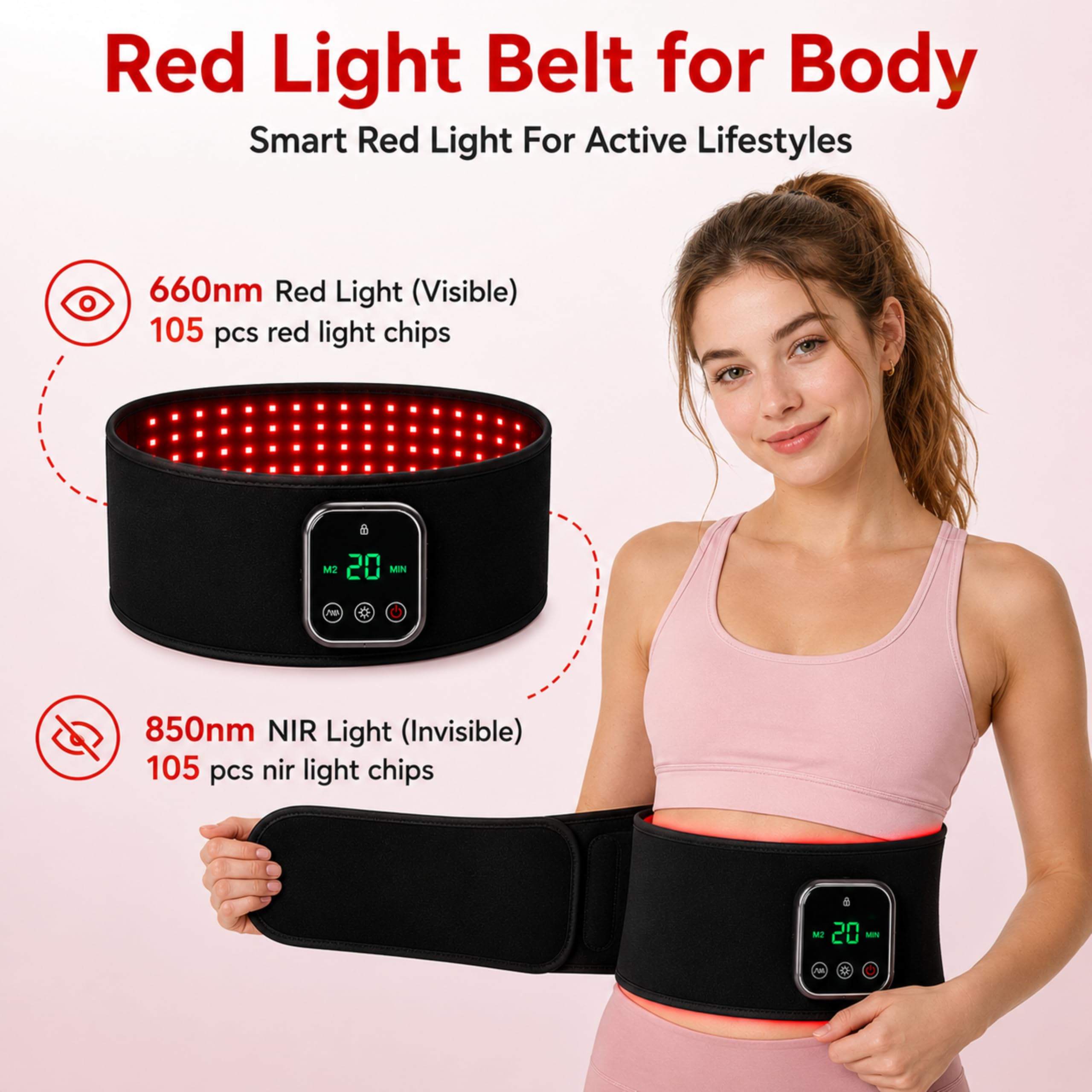 Cintura a luce rossa, senza fili, per corpo, con controller/timer (660 nm e 850 nm), cintura massaggiante per gambe, schiena, vita, spalle