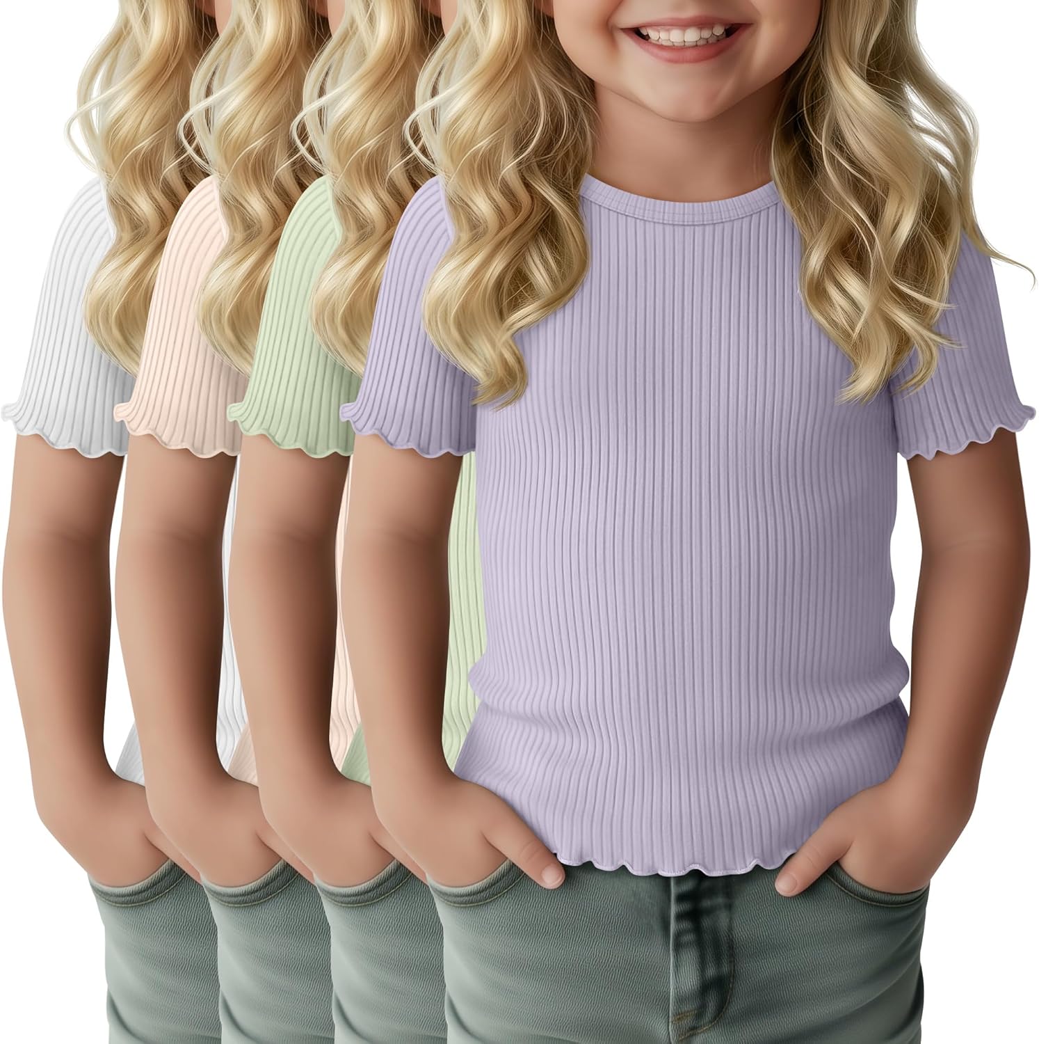 4 Pack Toddler Girls Ribbed Short Sleeve T-Shirts Crewneck Fitted Baby Lettuce Trim Top Plain Cute Basic Tee 18M–5T