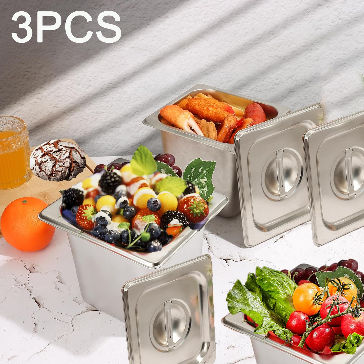 3 contenitori in acciaio inox 1/6 con coperchio, 150 mm di altezza, contenitore per alimenti in acciaio inox, resistente al calore, 17,5 x 16 x 15 cm