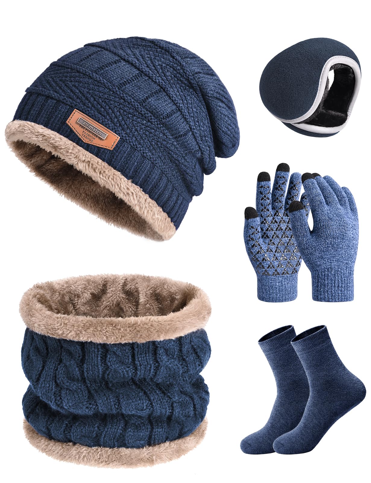 Mens Hat Scarf Glovers Set Unisex 5PCS Winter Set in Gift Box Fleece Lining Knitted Beanie Hat Earmuffs Neck Warmer Knit Gloves Thermal Socks Gift Set for Skiing Hiking Driving