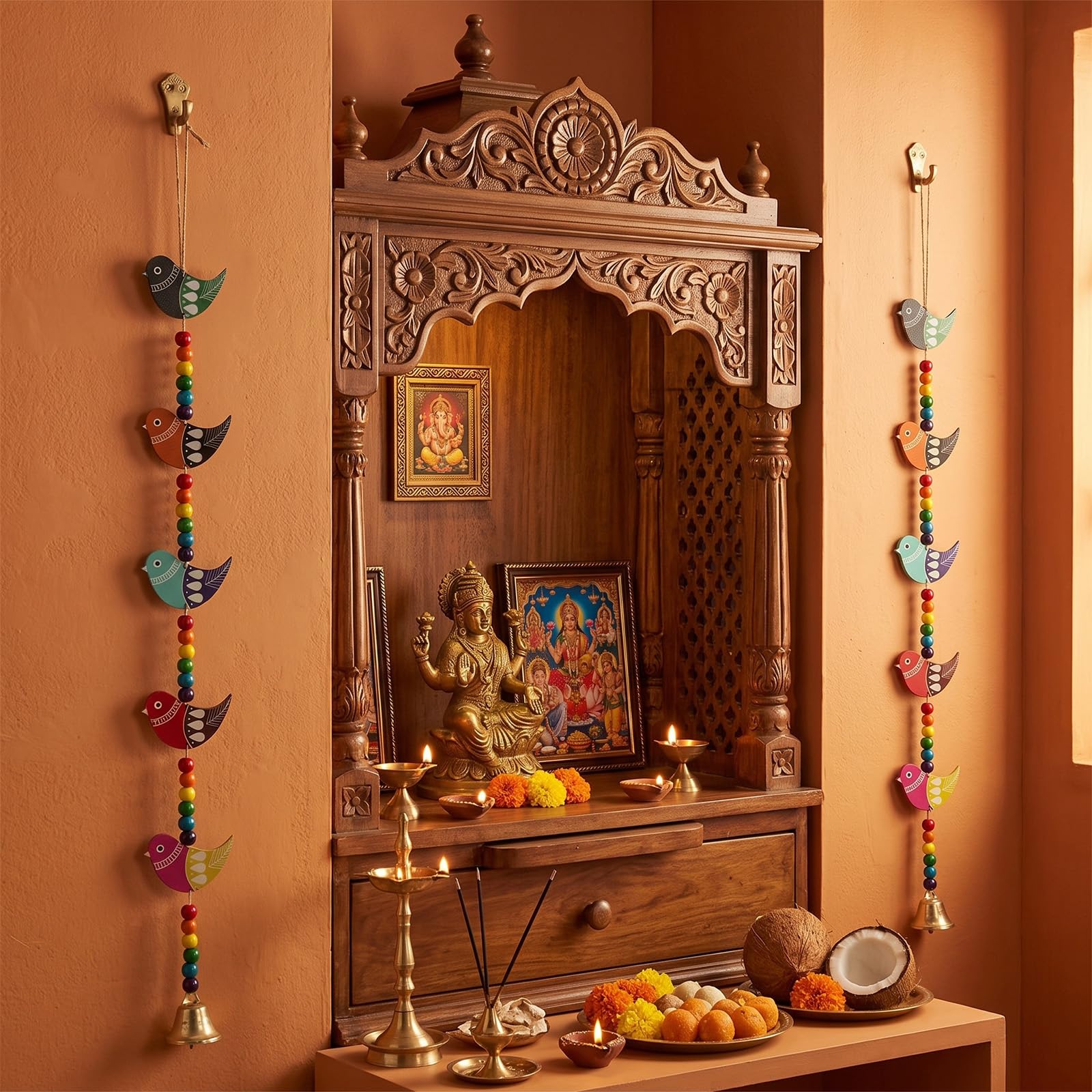 6 piezas Diwali decoración colgante de puerta de loro indio, adornos de madera india festiva para festival Diwali, puerta, pared, templo, entrada, regalo