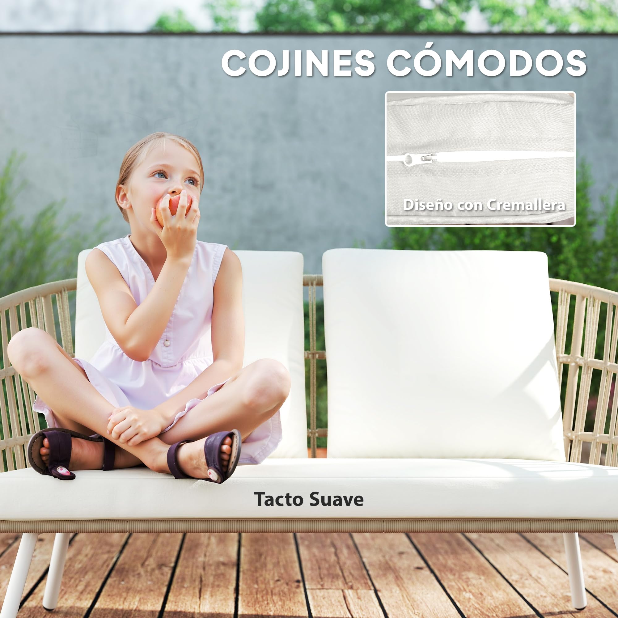 Outsunny Conjunto de Jardín Exterior de Ratán Sintético de 4 Piezas Muebles de Jardín Exterior con Sofá de 2 Plazas 2 Sillones 1 Mesa de Centro de Metal con Cojines Crema y Natural