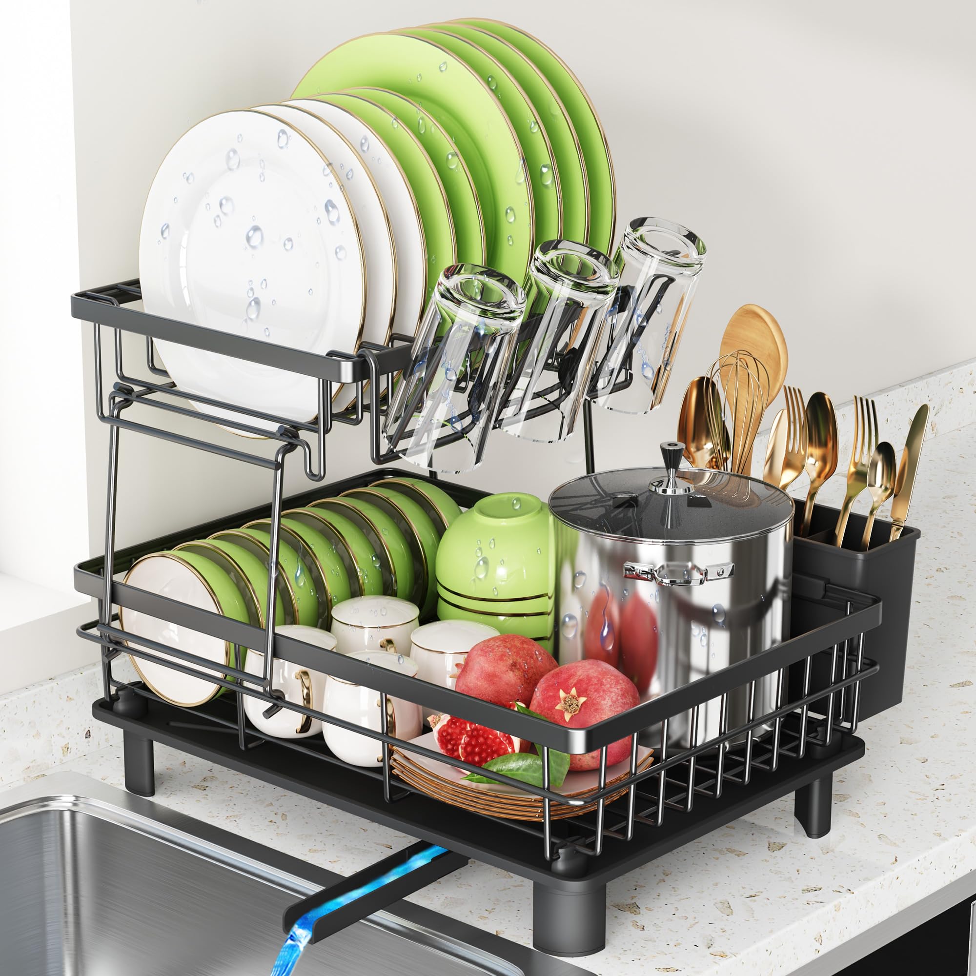 romision Two Tier Dish Drainer Rack with Draining Board, Black Stainless Steel Washing Up Drainer for Kitchen Sink, Auto Drainage Spout, Cutlery & Cup Holder, Rustproof
