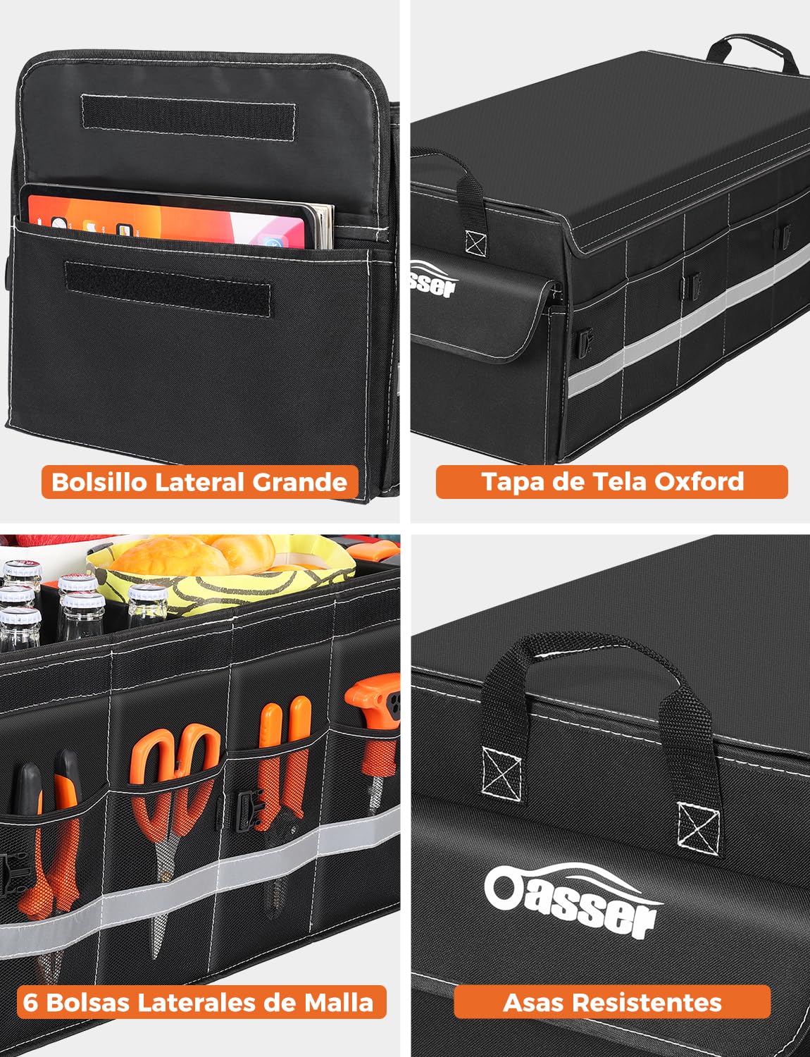 Oasser Organizador Maletero Coche 75L Grande 3 Compartimentos Tapa Desmontable Plegable Antideslizante 1 Bolsillo Grande 6 Bolsas Laterales Malla